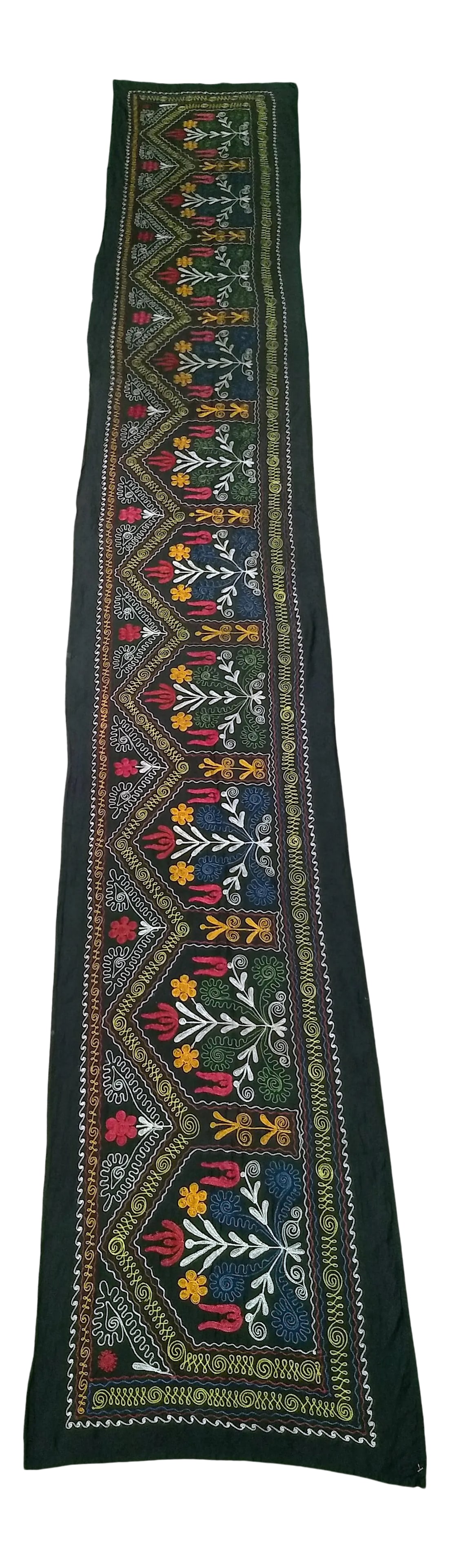 Vintage Suzani Embroidery Wall Hanging Art or Table Runner 1' 11" X 12' 9": A beautiful hand-stitched Suzani Embroidery from Uzbekistan in Central Asia. Beautiful artisan Suzani Embroidery made of hand embroidery silk of floral and vine motifs red, green, yellow, and indigo