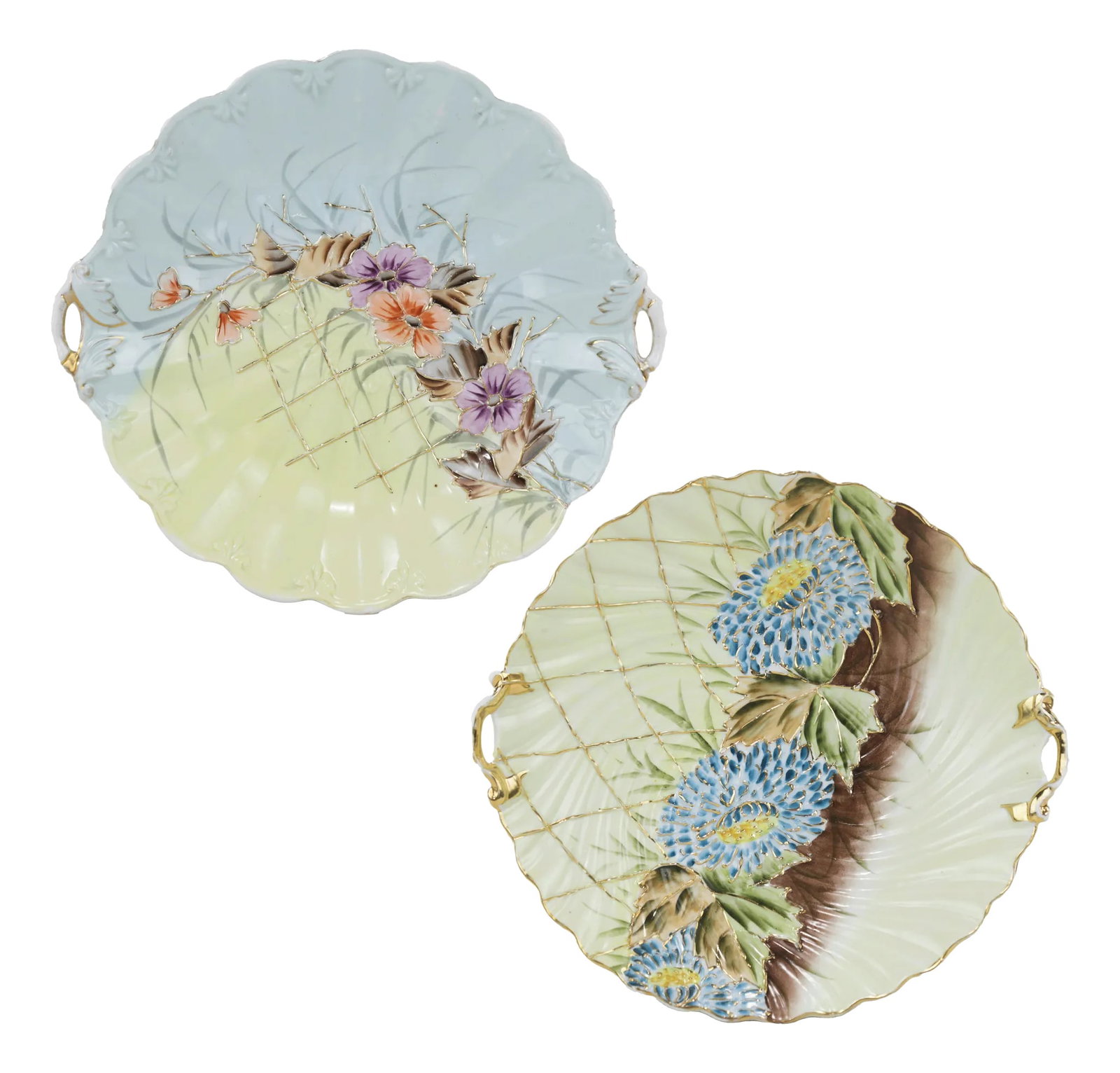 Set of Two Vintage Hand-Painted Porcelain Serving Trays With Floral Design: A beautiful set of two vintage porcelain serving trays, each featuring intricate hand-painted floral designs in vibrant pastel hues. The delicate embossed detailing and gold-trimmed edges add a touch