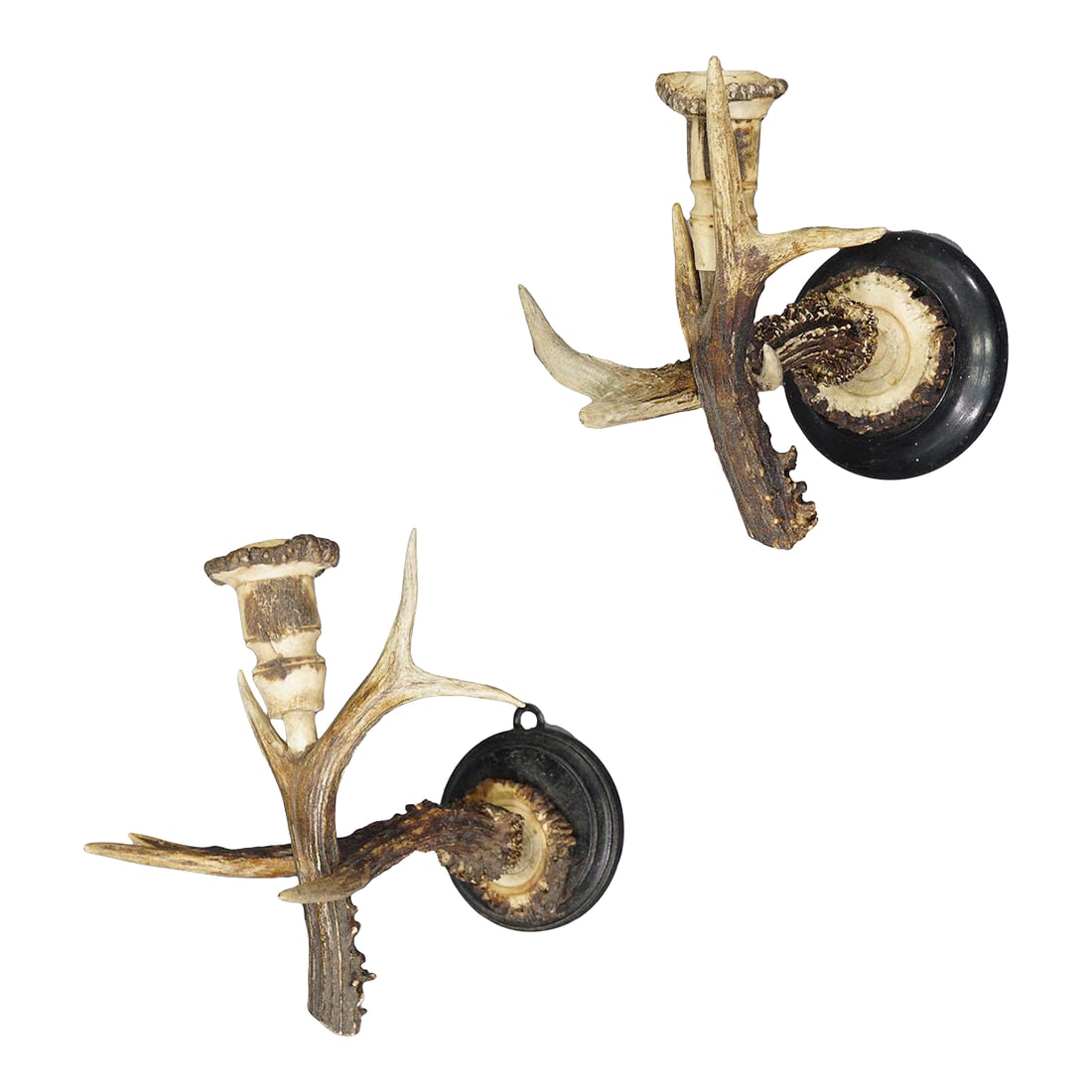 A Pair Great Black Forest Wall Sconces With Deer Horns, Germany Ca. 1900: A Pair Great Black Forest Wall Sconces with Deer Horns, Germany ca. 1900 An antique pair of Black Forest sconces for candles. Each made of original deer horns which are mounted on a turned wooden base