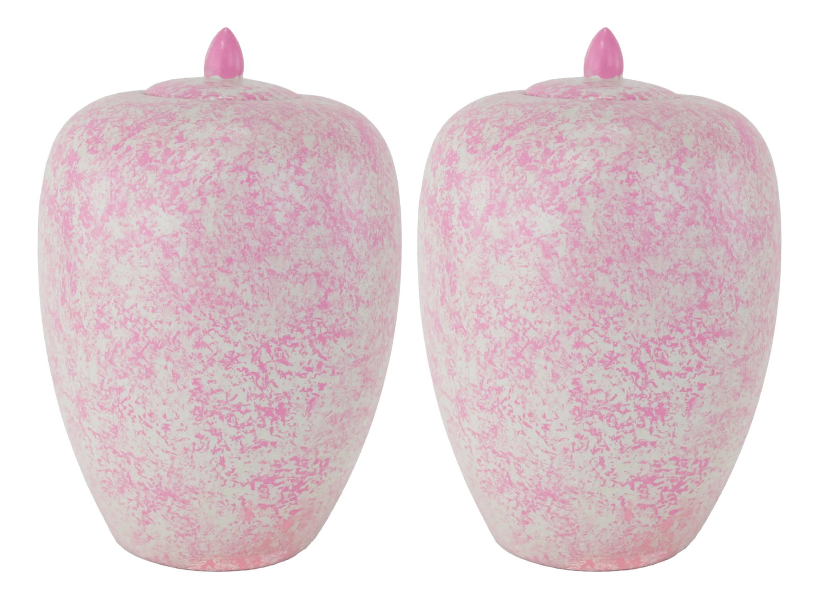 Pair of Pink and White Speckled Lidded Porcelain Jars – Modern Decorative Accent: This elegant pair of pink and white speckled lidded porcelain jars features a soft pastel color palette with a modern textured finish. Their gently rounded shape and sleek lid design make them