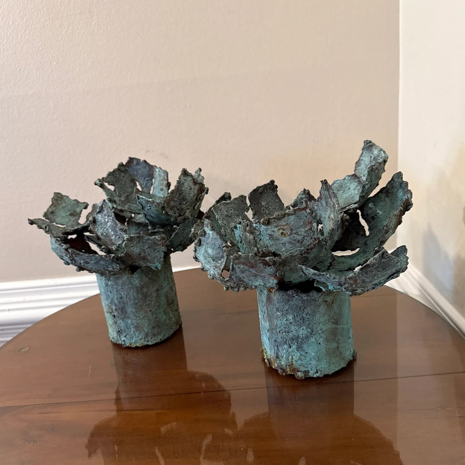 Early 21st Century Bronze Artist Made Brutalist Style Flower Sculpture- A Pair - 2