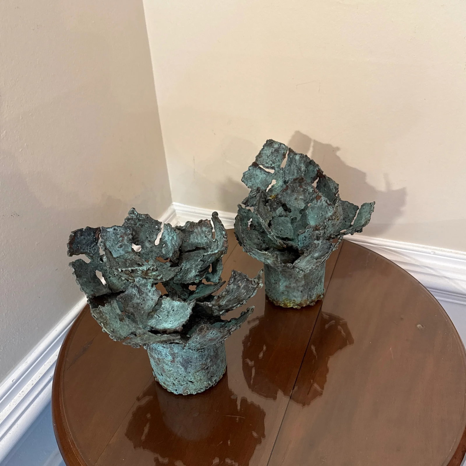 Early 21st Century Bronze Artist Made Brutalist Style Flower Sculpture- A Pair - 4