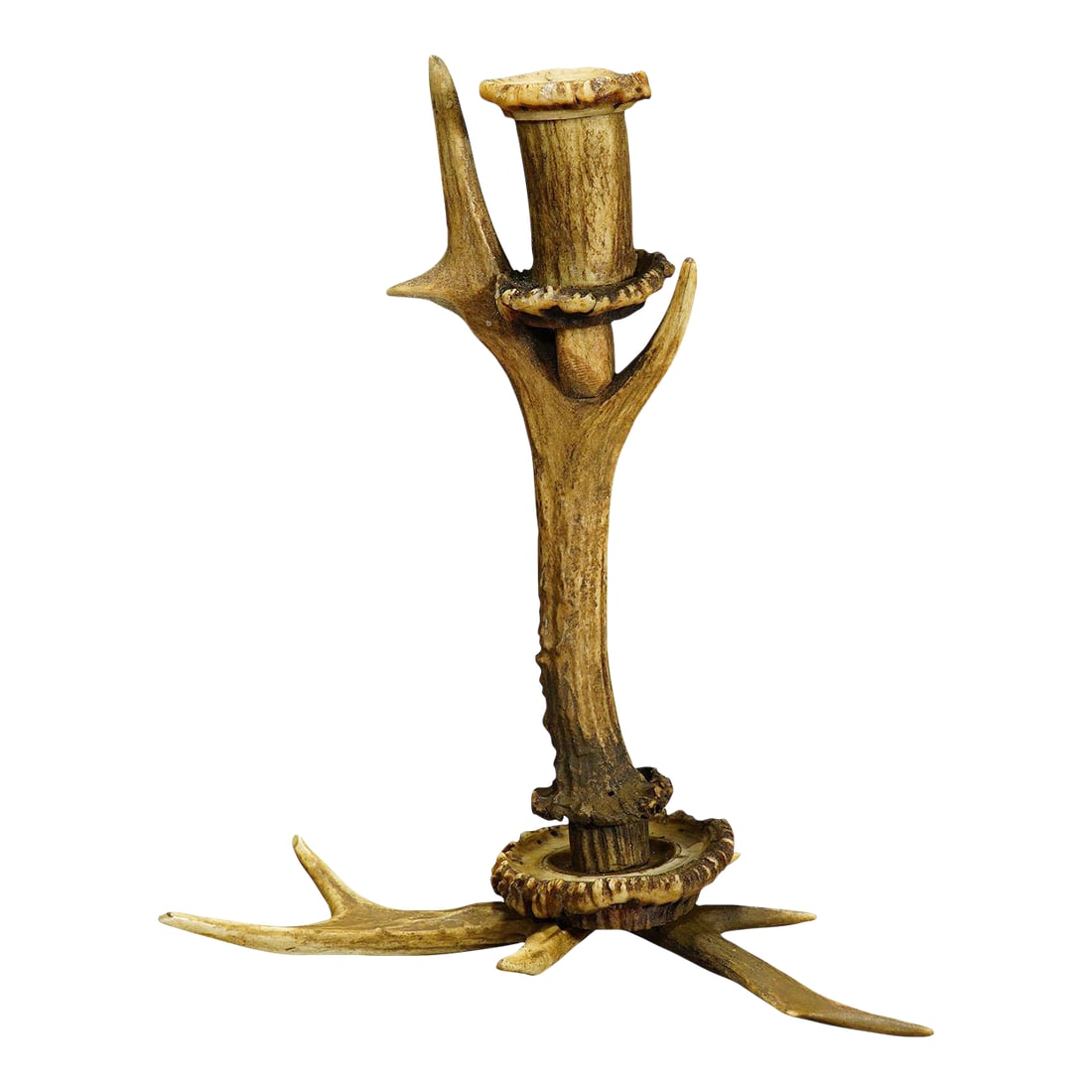 Stylish Cabin Decor Antler Candlestick, Germany Ca. 1900: Stylish Cabin Decor Antler Candlestick, Germany ca. 1900 A fashionable rustic candle holder, made of horns from the deer. Spout made of turned antler pieces. Executed in Germany ca. 1900. Measures: