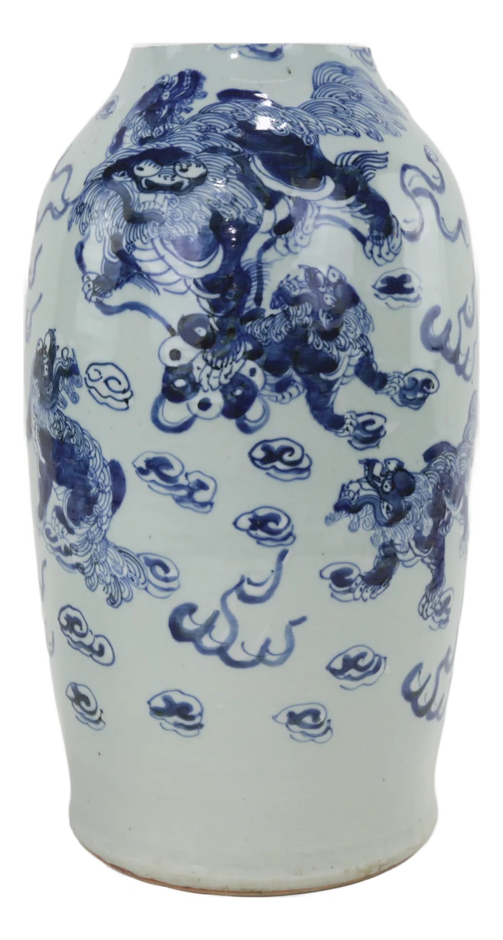 Chinese Blue and White Porcelain Vase With Foo Lions and Cloud Motif: This striking Chinese blue and white porcelain vase showcases a dynamic design of Foo Lions (Foo Dogs) surrounded by stylized clouds, painted in rich cobalt blue. The slightly rounded body and soft