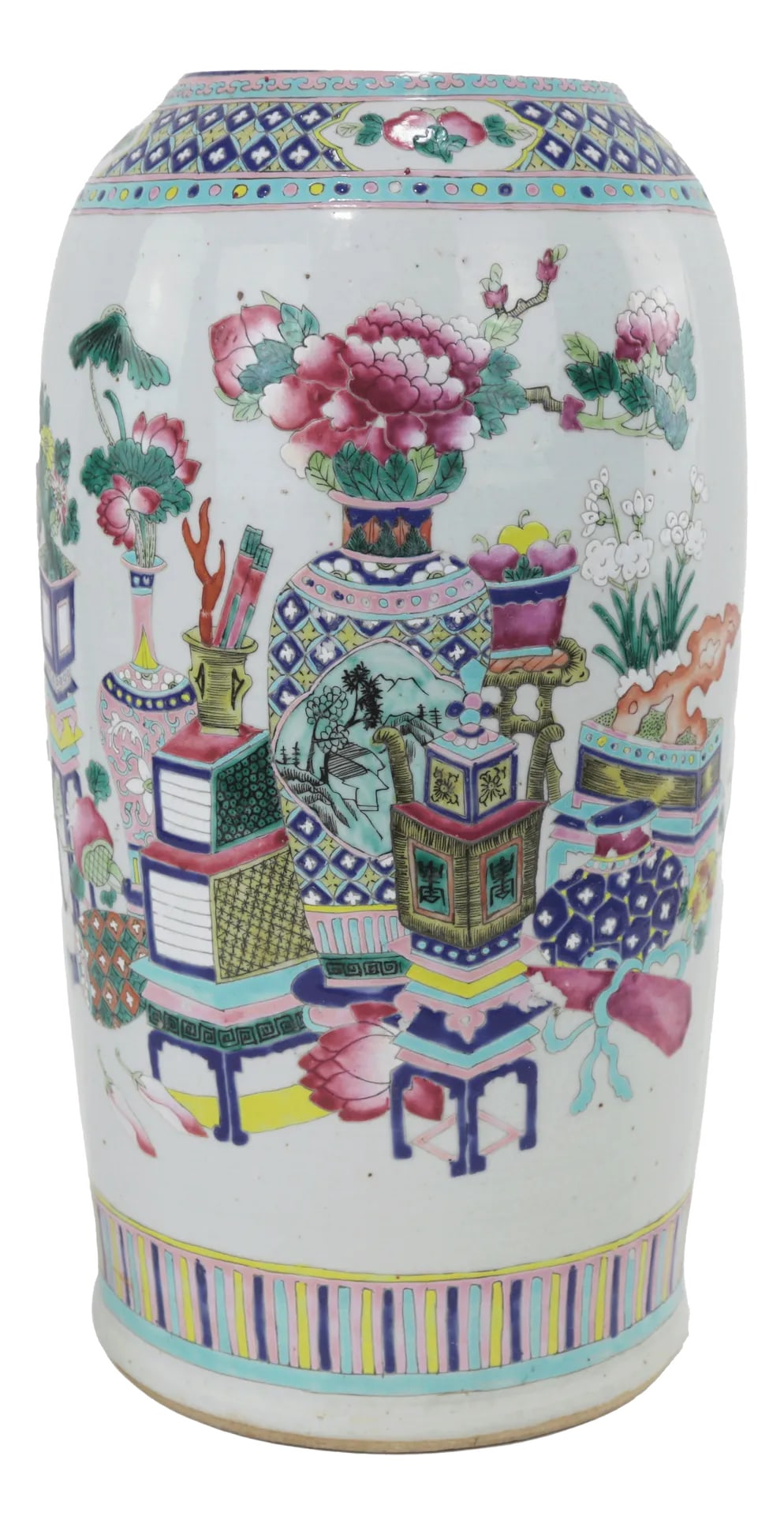 Chinese Famille Rose Porcelain Palace Vase With Scholar's Objects: This exquisite Chinese Famille Rose porcelain palace vase features a richly detailed hand-painted design depicting an opulent arrangement of scholar's objects, including vases, scrolls, books, and