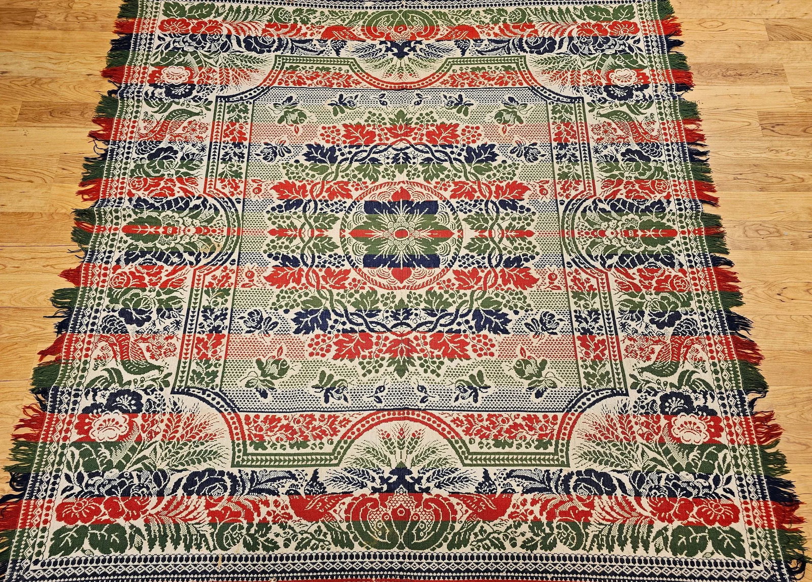 Mid-19th Century American Jacquard Coverlet With Floral & Bird Design - 4