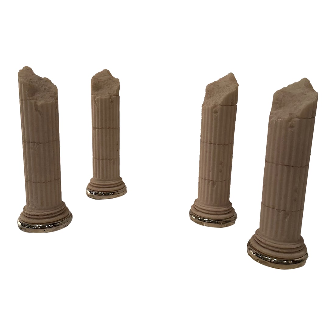 Grand Tour Style Cast Stone Miniature Columns Sculptures -Set of 4: Eye catching set of 4 decorative Grand Tour style neoclassical columns, table top sculpture, made of cast stone and sitting on square lucite bases. A flourish of brass is around the bottom.