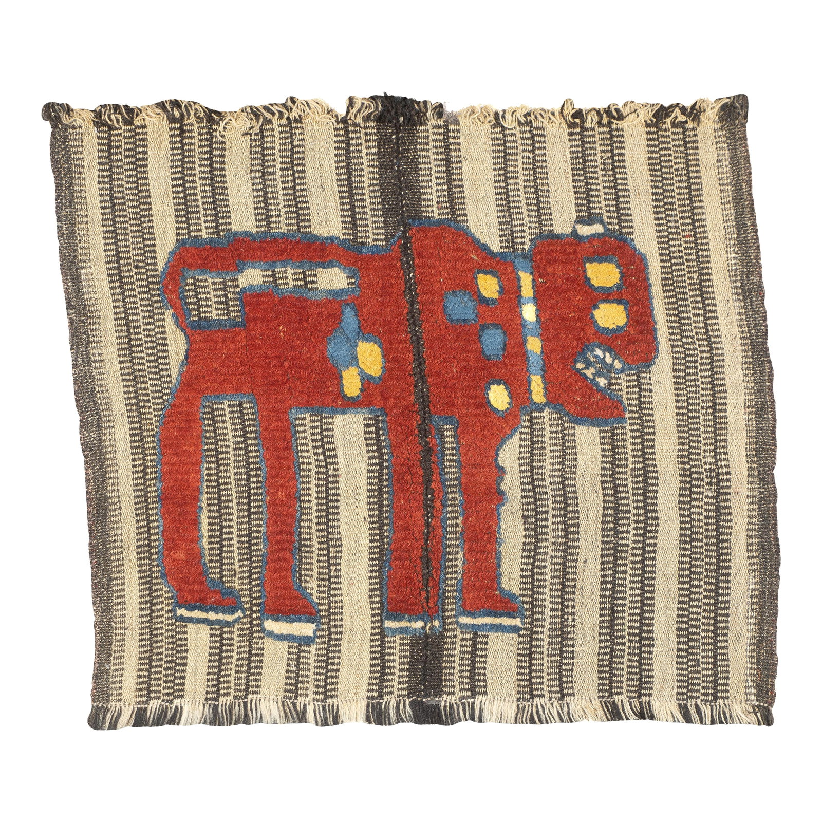 Antique Handwoven Gabbeh Palas Textile Art 3'3" X 3'10": This antique Gabbeh Palas rug, woven circa 1920, is a rare piece of Persian tribal art. It features a flat-woven wool base with a knotted pile animal motif, highlighting the craftsmanship of nomadic w