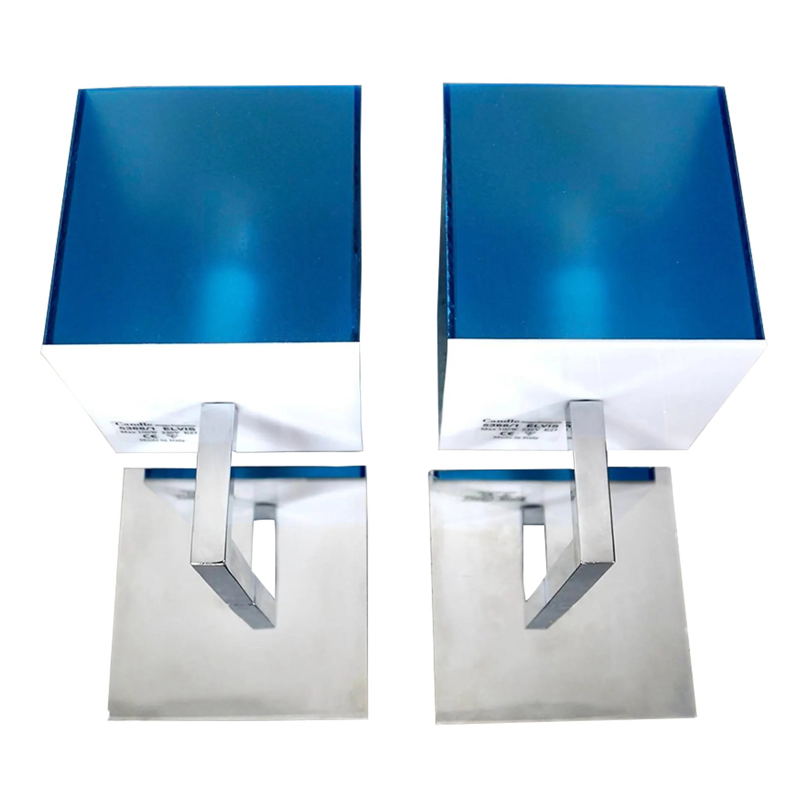 1990's Postmodern Italian Fontana Arte Chrome & Lucite Sconces - A Pair: Pair of vintage Post Modern sconces for sale. They were manufactured by Fontana Arte, and are made in Italy. They have a chrome plate and arm and have a teal lucite shade with a white lucite base. The