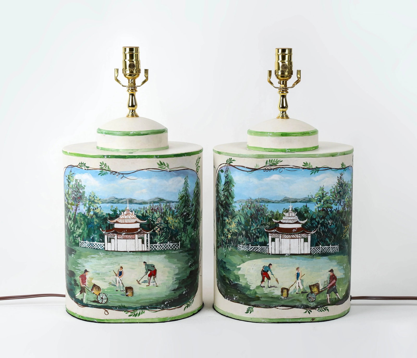 Vintage English Exported Tea Caddy Hand-Painted Rural Landscape With Pagoda Table Lamp - 10