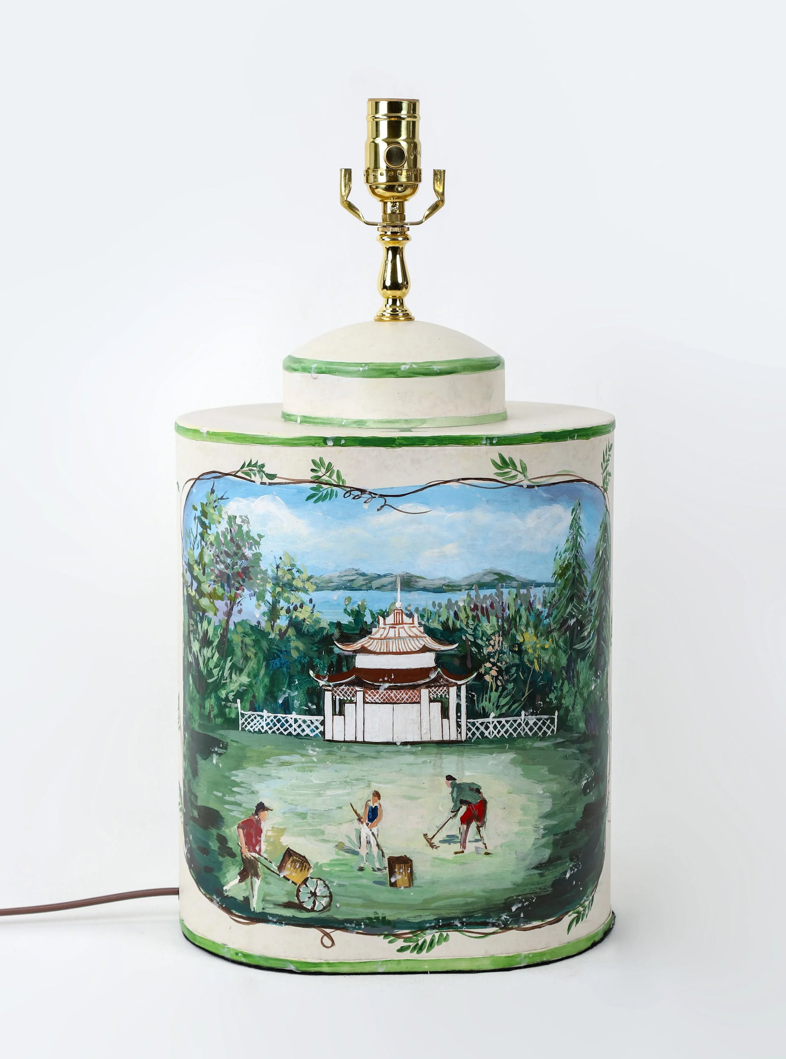 Vintage English Exported Tea Caddy Hand-Painted Rural Landscape With Pagoda Table Lamp - 11