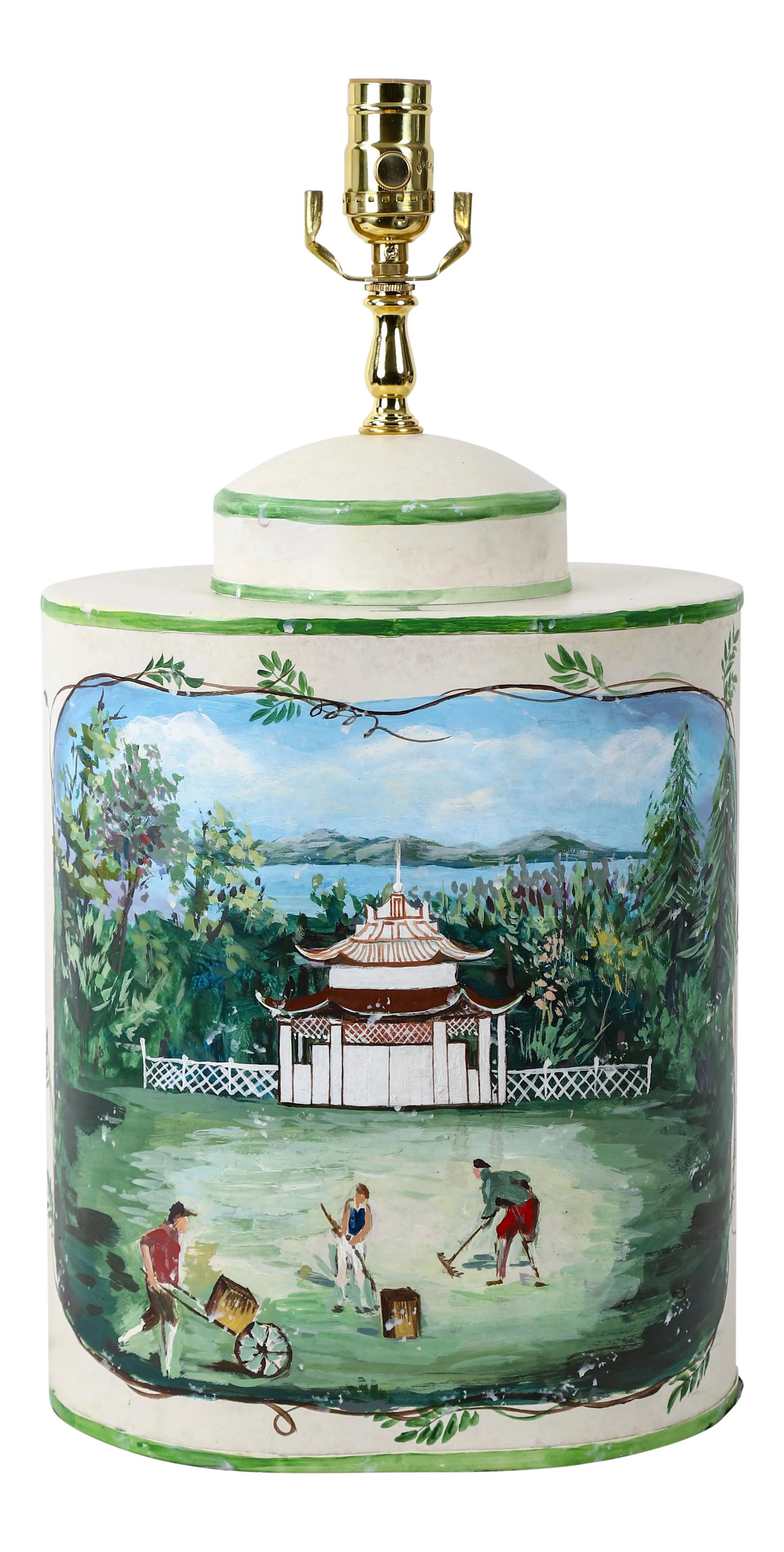 Vintage English Exported Tea Caddy Hand-Painted Rural Landscape With Pagoda Table Lamp: Vintage English Hand-Painted Rural Landscape with pagoda, three gardeners table Lamp.The number 1 represents tea leaves transported using this type of tea canister. Combine it with similar-looking ite