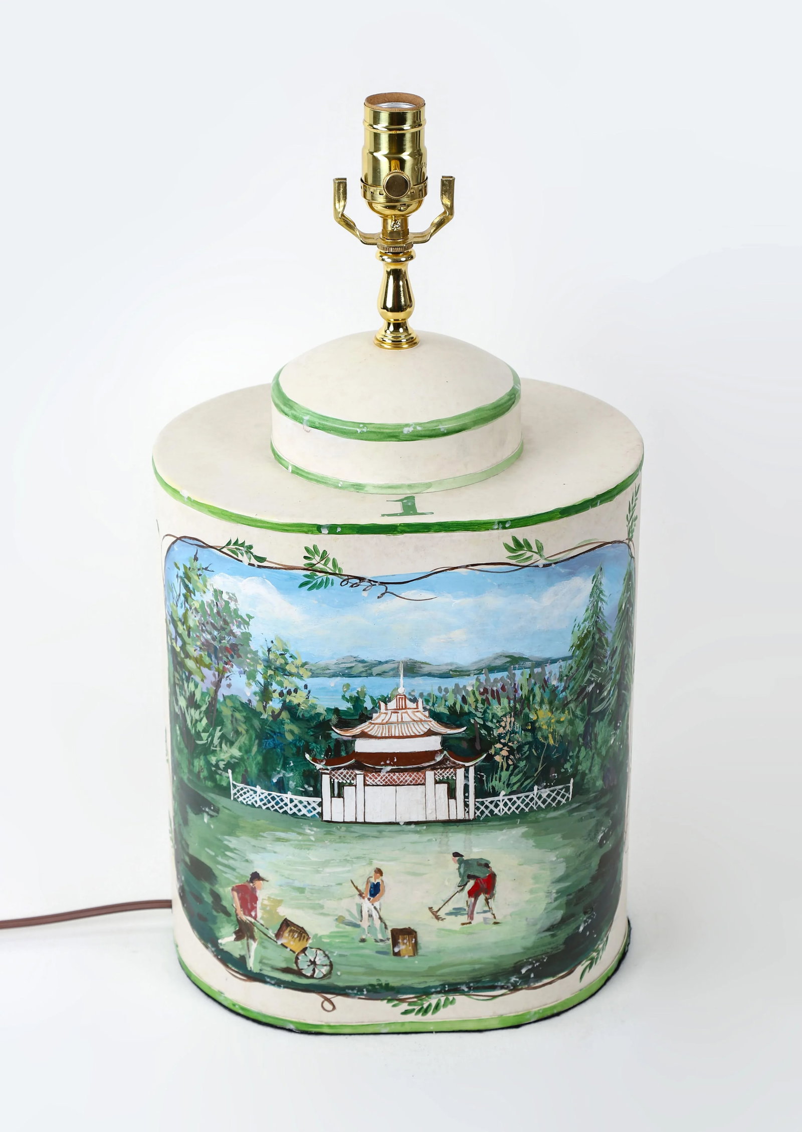 Vintage English Exported Tea Caddy Hand-Painted Rural Landscape With Pagoda Table Lamp - 2