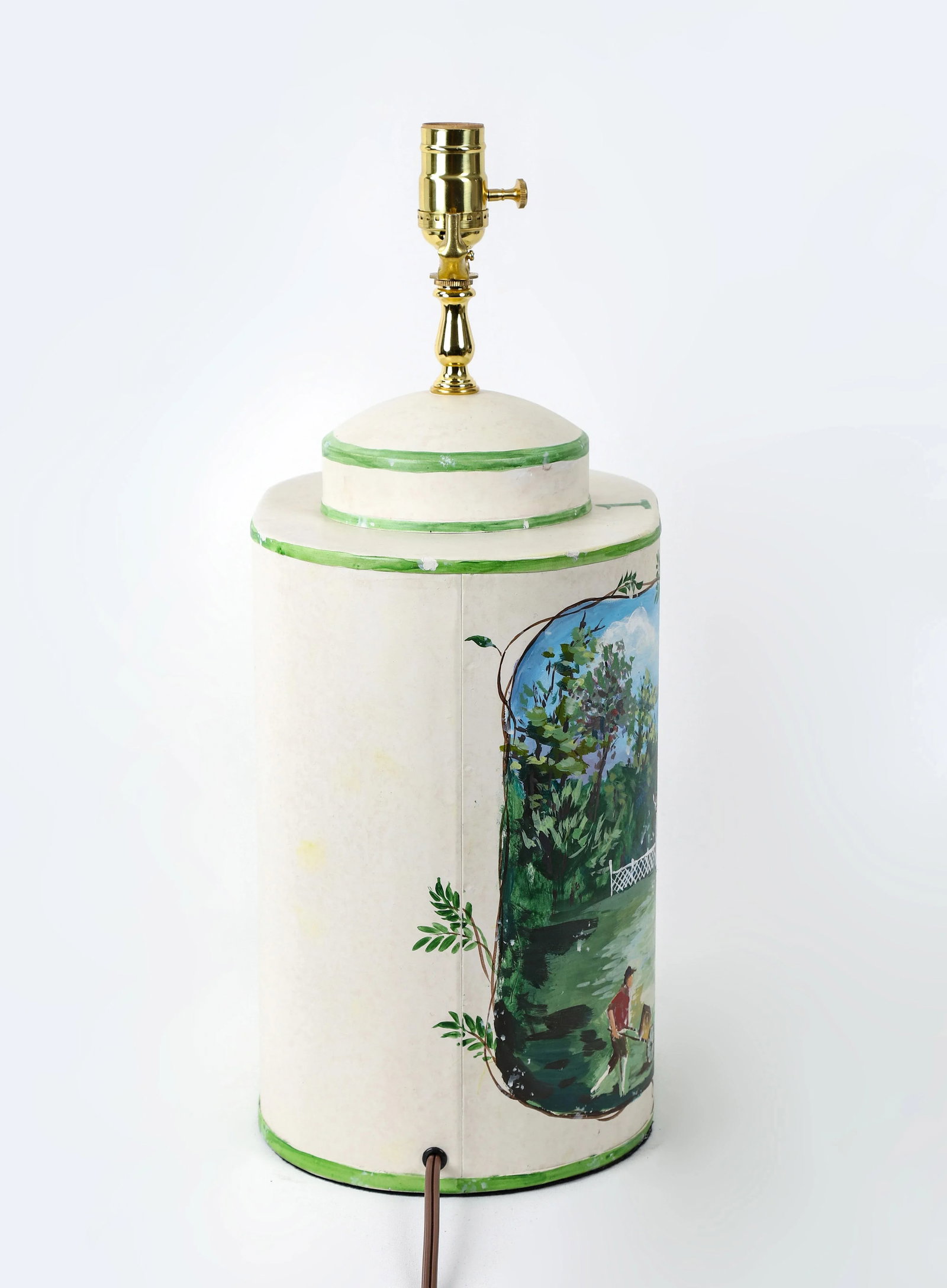 Vintage English Exported Tea Caddy Hand-Painted Rural Landscape With Pagoda Table Lamp - 3