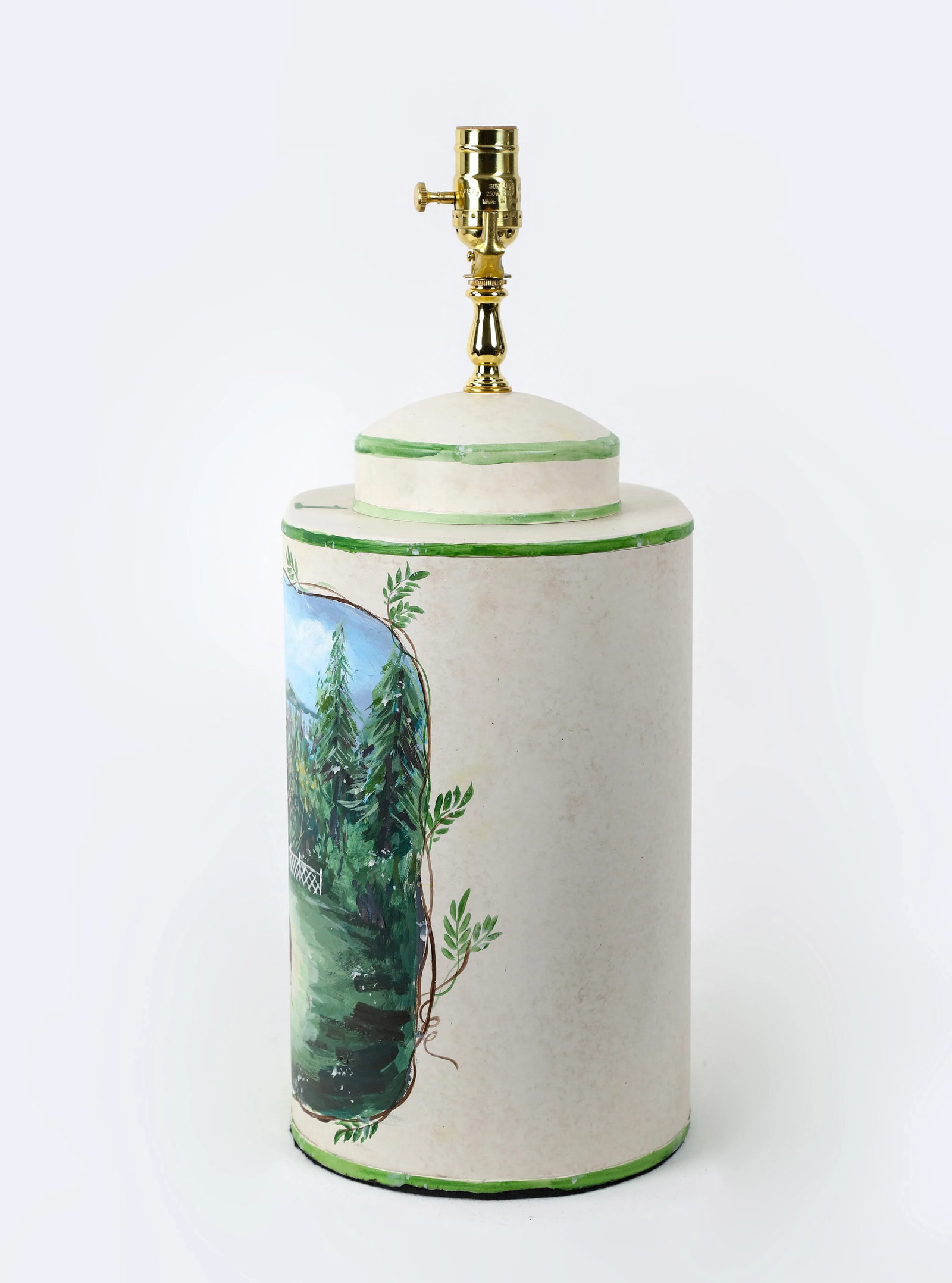Vintage English Exported Tea Caddy Hand-Painted Rural Landscape With Pagoda Table Lamp - 5