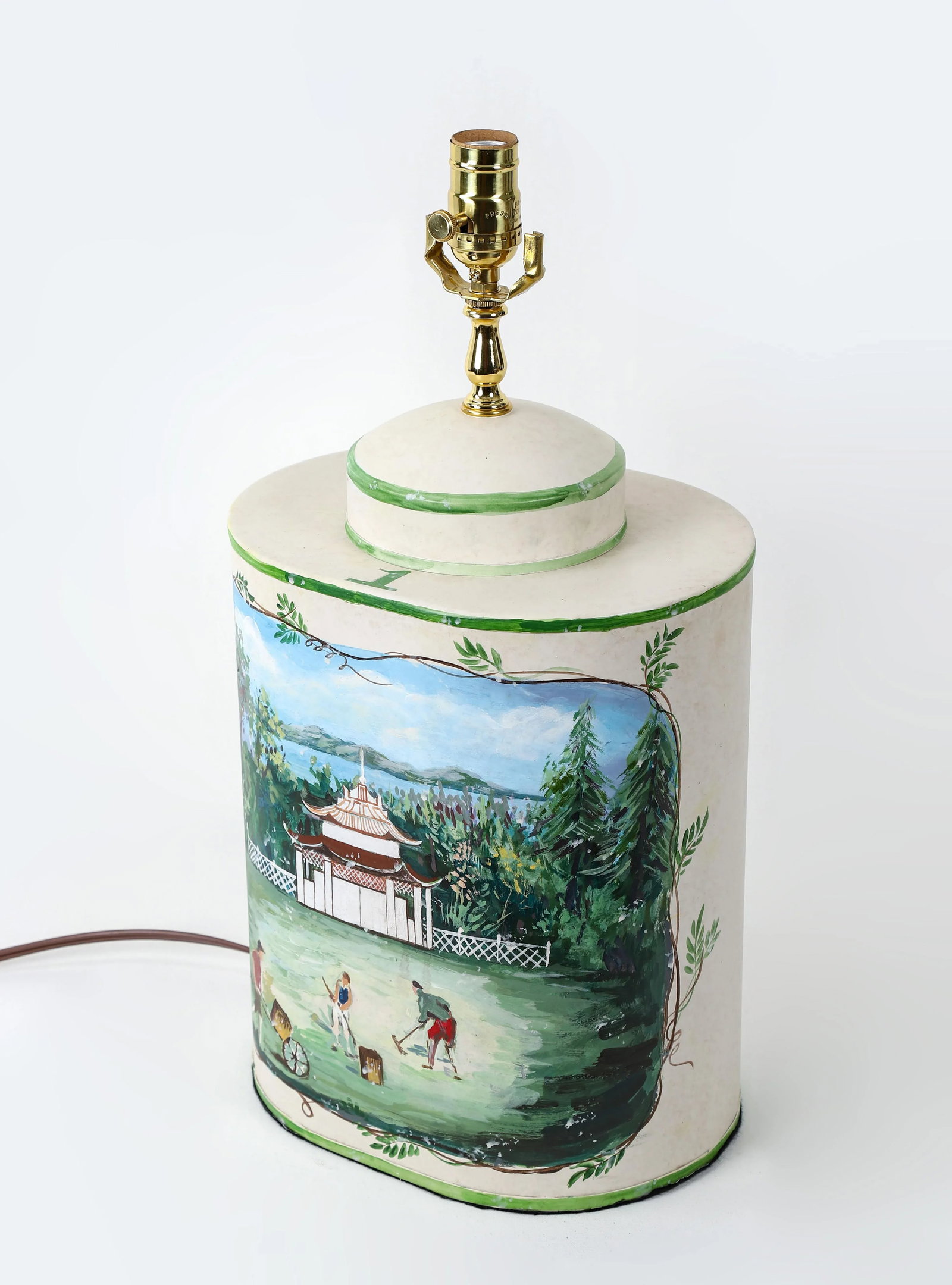 Vintage English Exported Tea Caddy Hand-Painted Rural Landscape With Pagoda Table Lamp - 6