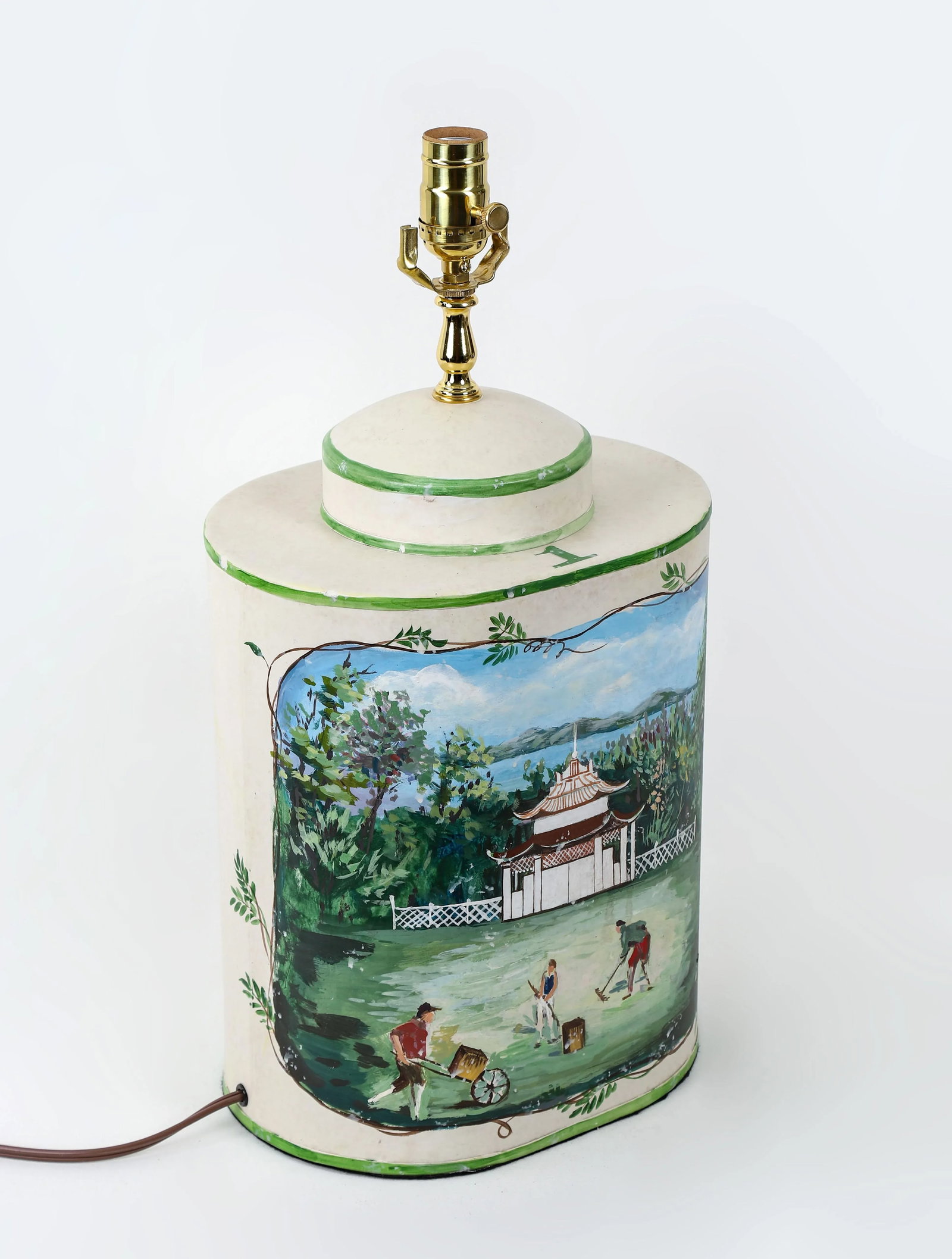 Vintage English Exported Tea Caddy Hand-Painted Rural Landscape With Pagoda Table Lamp - 7