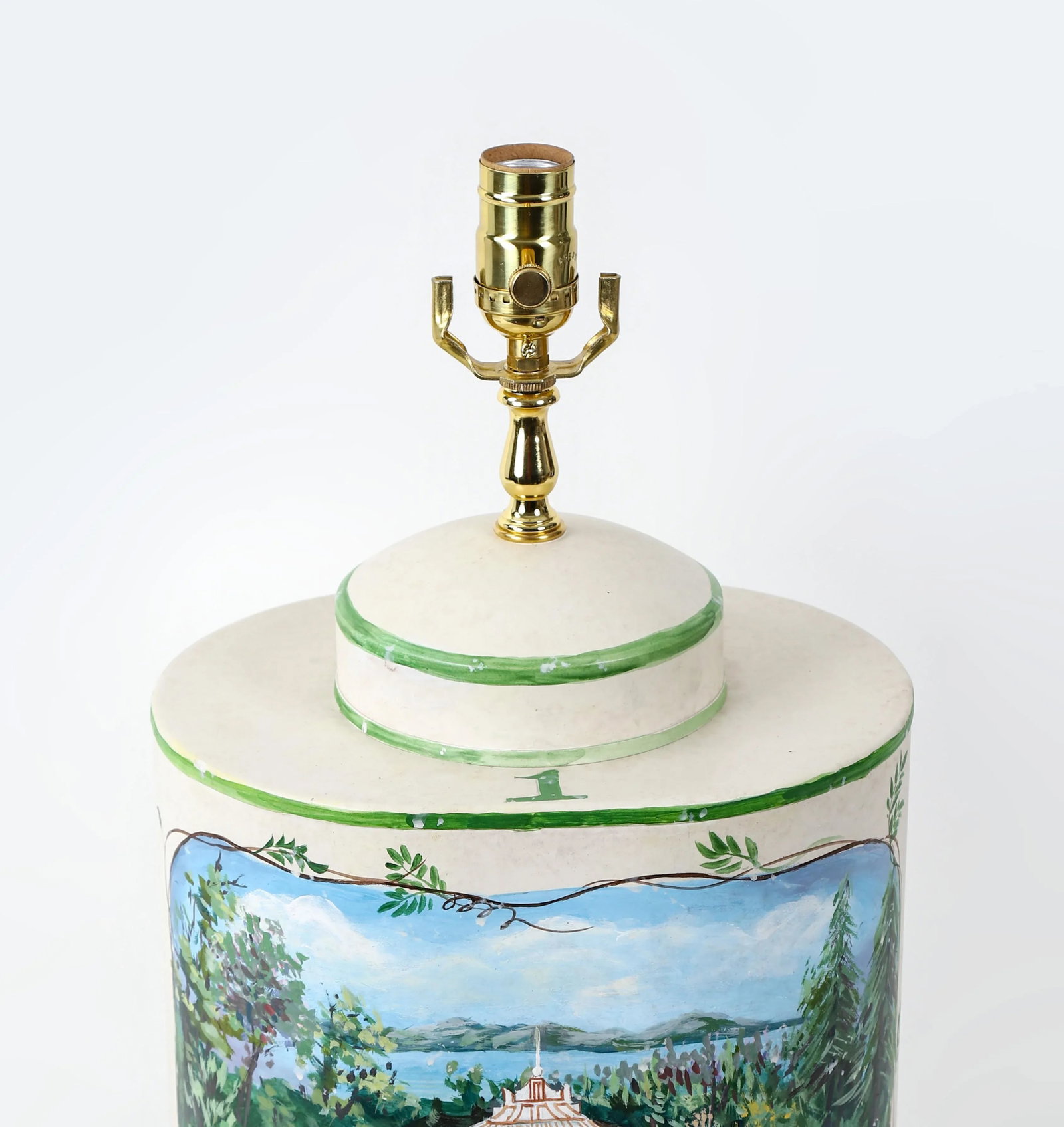 Vintage English Exported Tea Caddy Hand-Painted Rural Landscape With Pagoda Table Lamp - 8