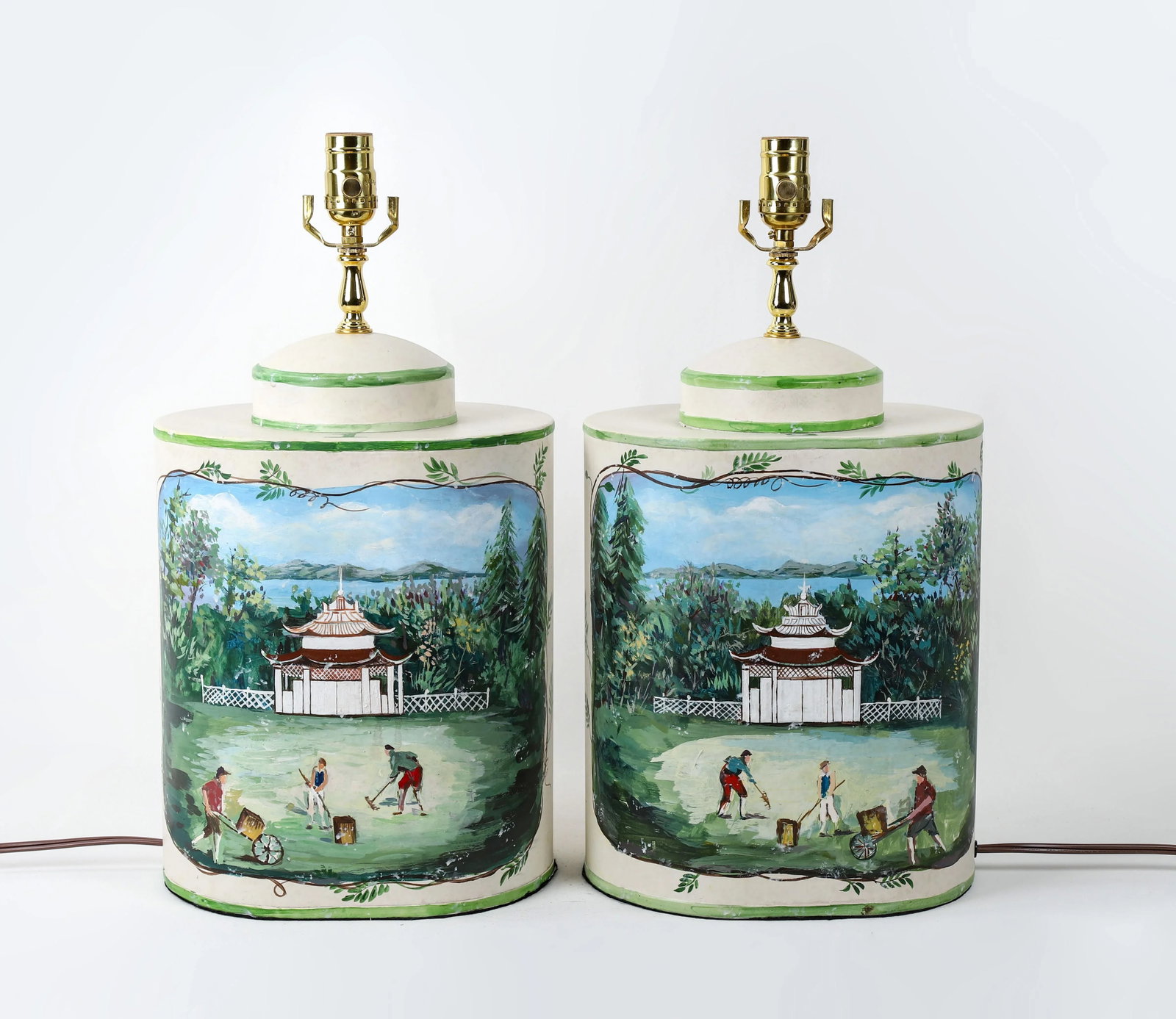Vintage English Exported Tea Caddy Hand-Painted Rural Landscape With Pagoda Table Lamp - 10