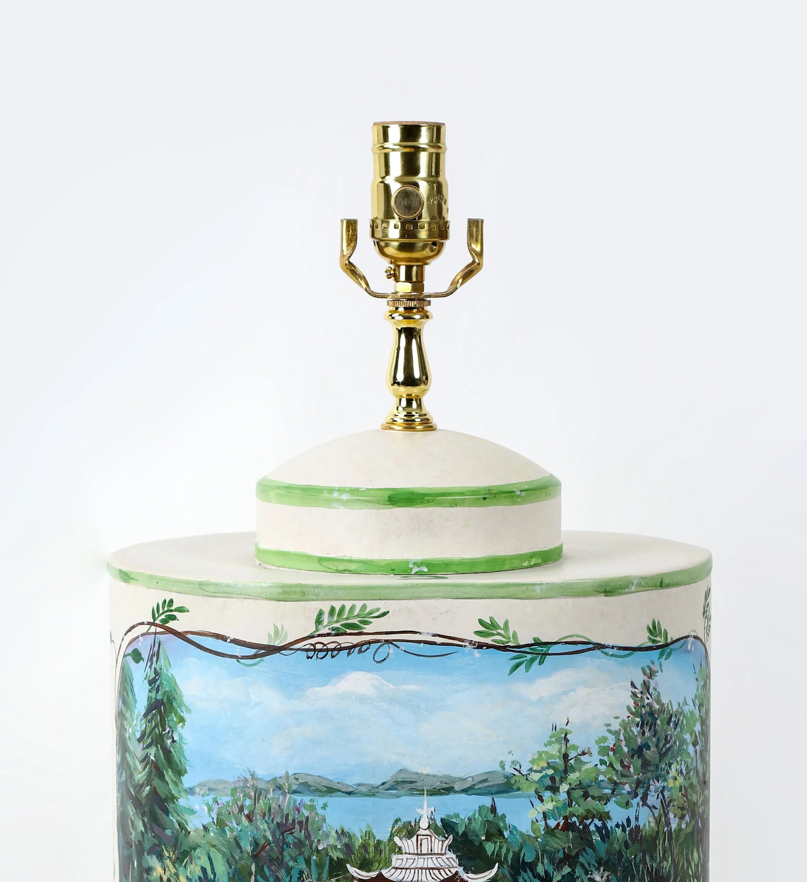 Vintage English Exported Tea Caddy Hand-Painted Rural Landscape With Pagoda Table Lamp - 11