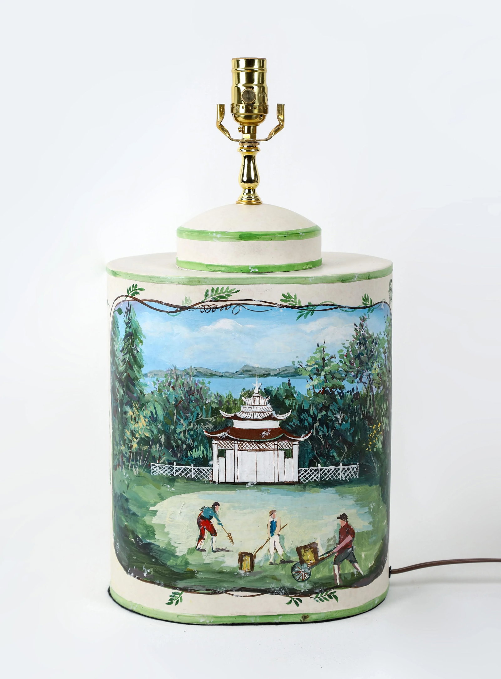 Vintage English Exported Tea Caddy Hand-Painted Rural Landscape With Pagoda Table Lamp - 12