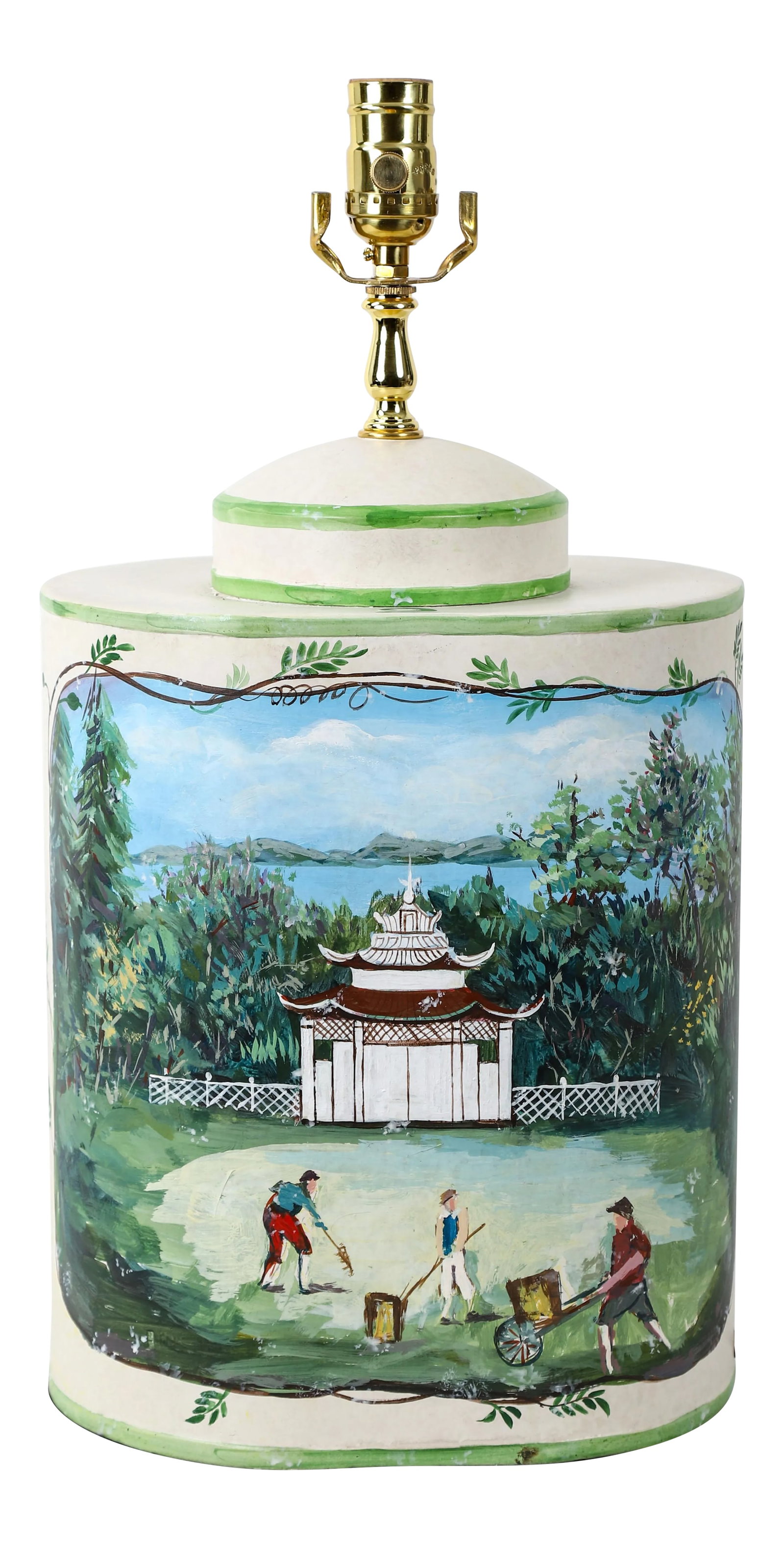 Vintage English Exported Tea Caddy Hand-Painted Rural Landscape With Pagoda Table Lamp: Vintage English Hand-Painted Rural Landscape with Pagoda, three gardeners Table Lamp.The number 2 represents tea leaves transported using this type of tea canister. Combine it with similar-looking ite