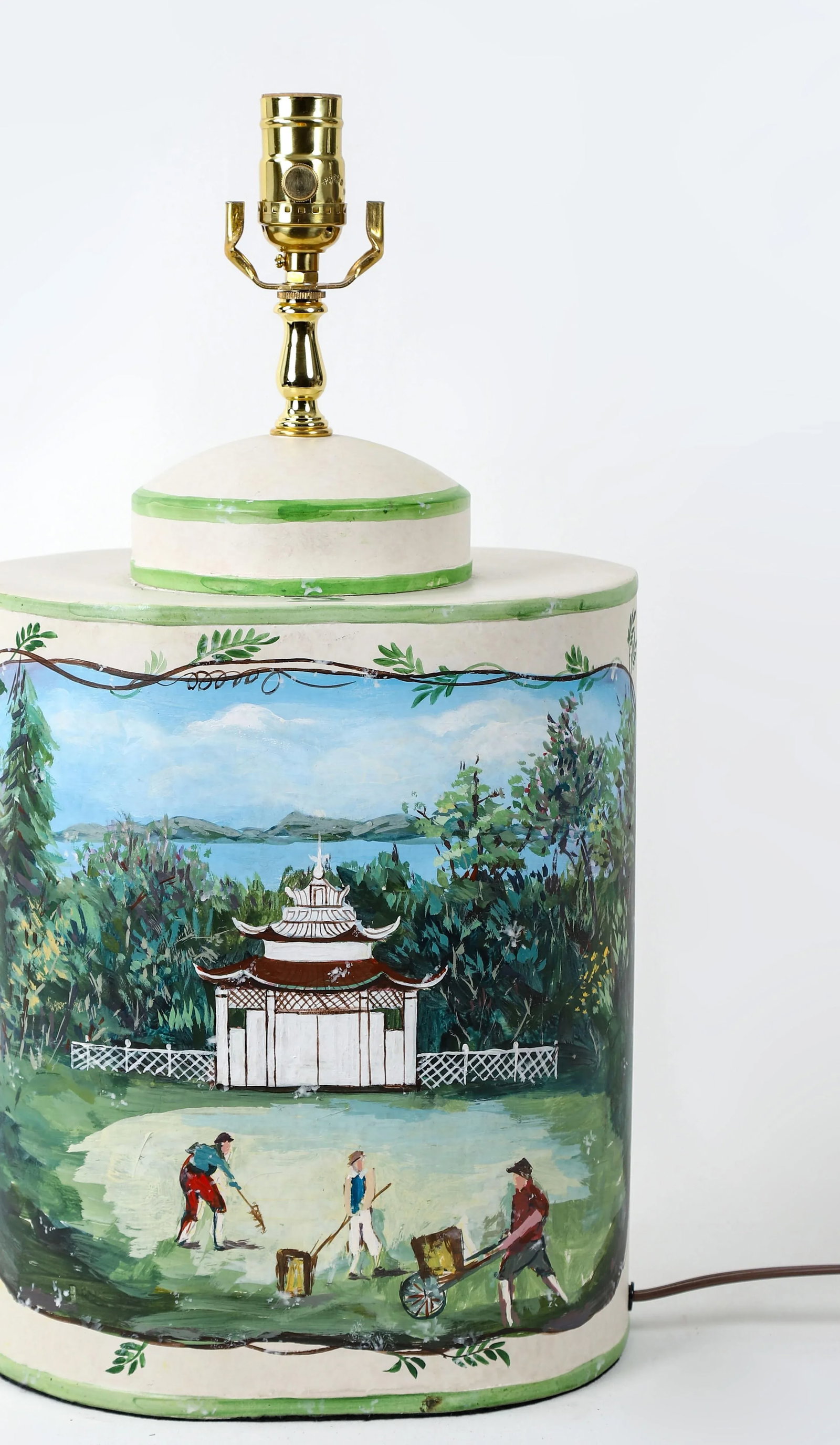 Vintage English Exported Tea Caddy Hand-Painted Rural Landscape With Pagoda Table Lamp - 2