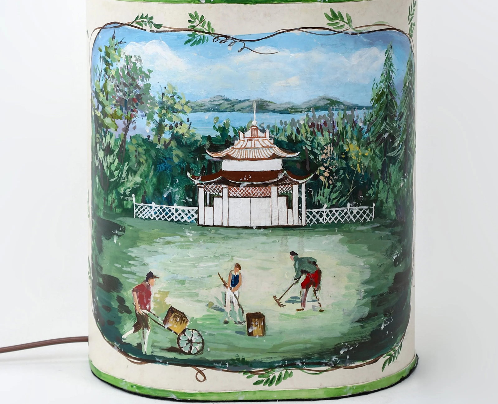 Vintage English Exported Tea Caddy Hand-Painted Rural Landscape With Pagoda Table Lamp - 3