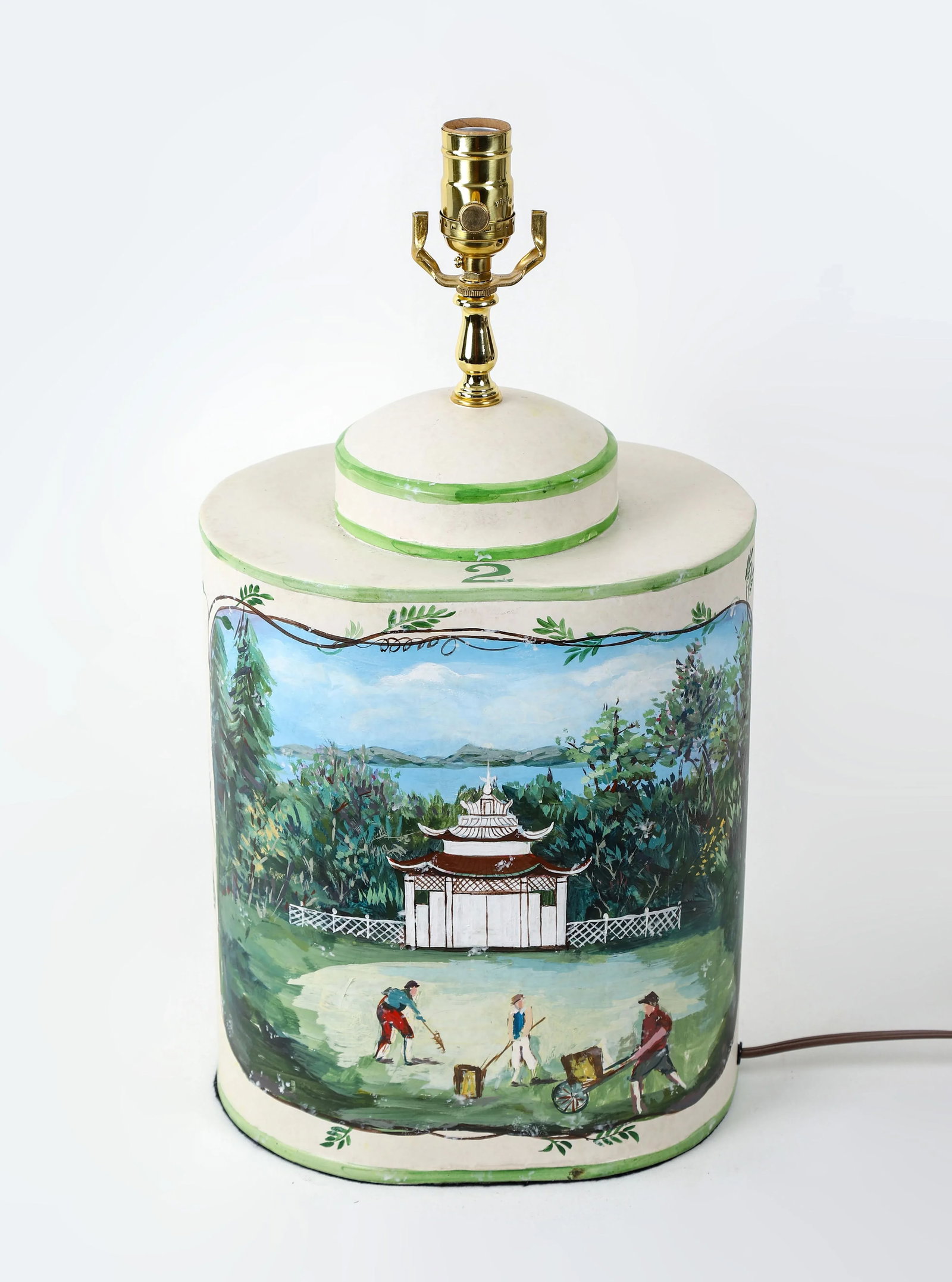 Vintage English Exported Tea Caddy Hand-Painted Rural Landscape With Pagoda Table Lamp - 4