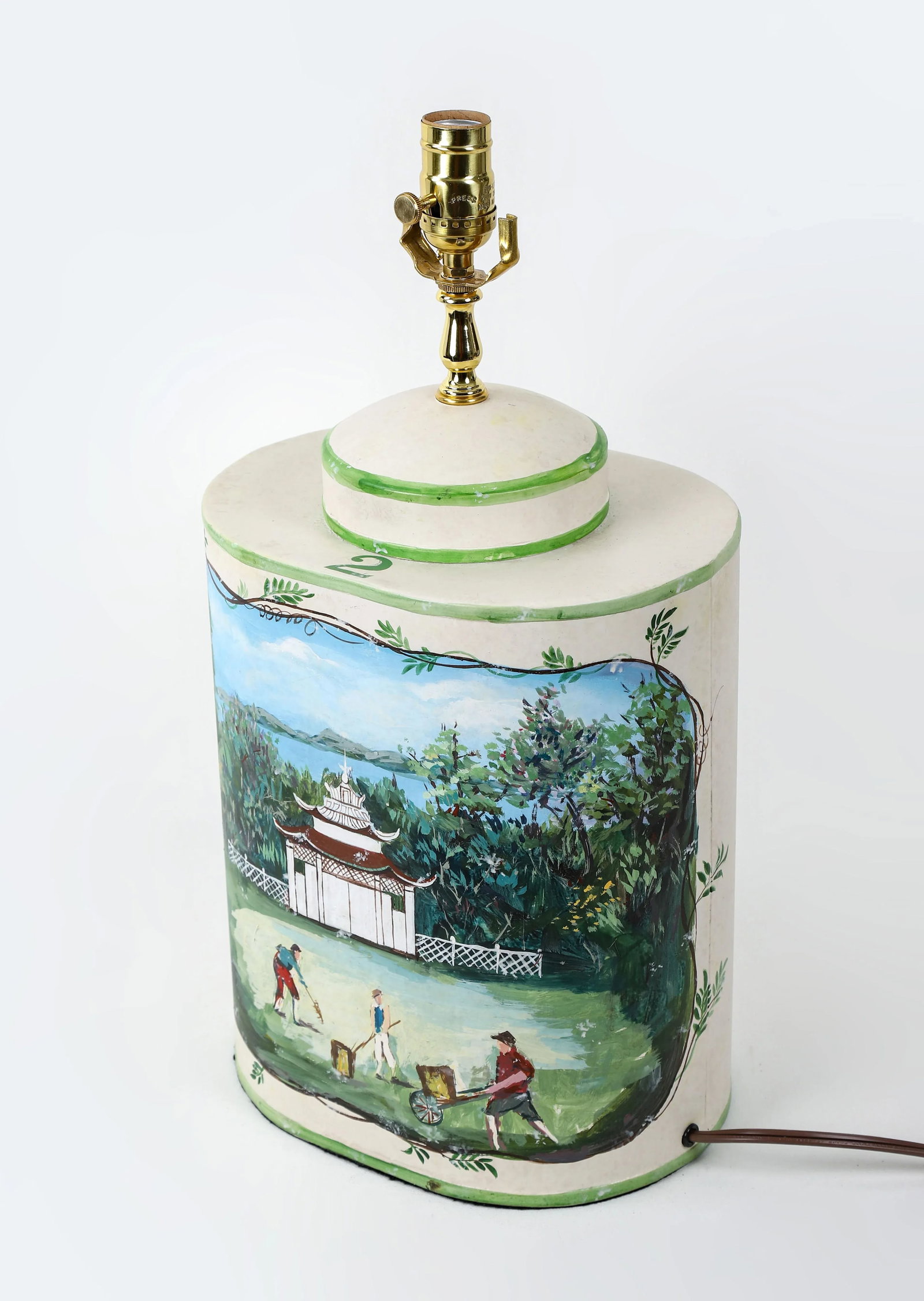 Vintage English Exported Tea Caddy Hand-Painted Rural Landscape With Pagoda Table Lamp - 5