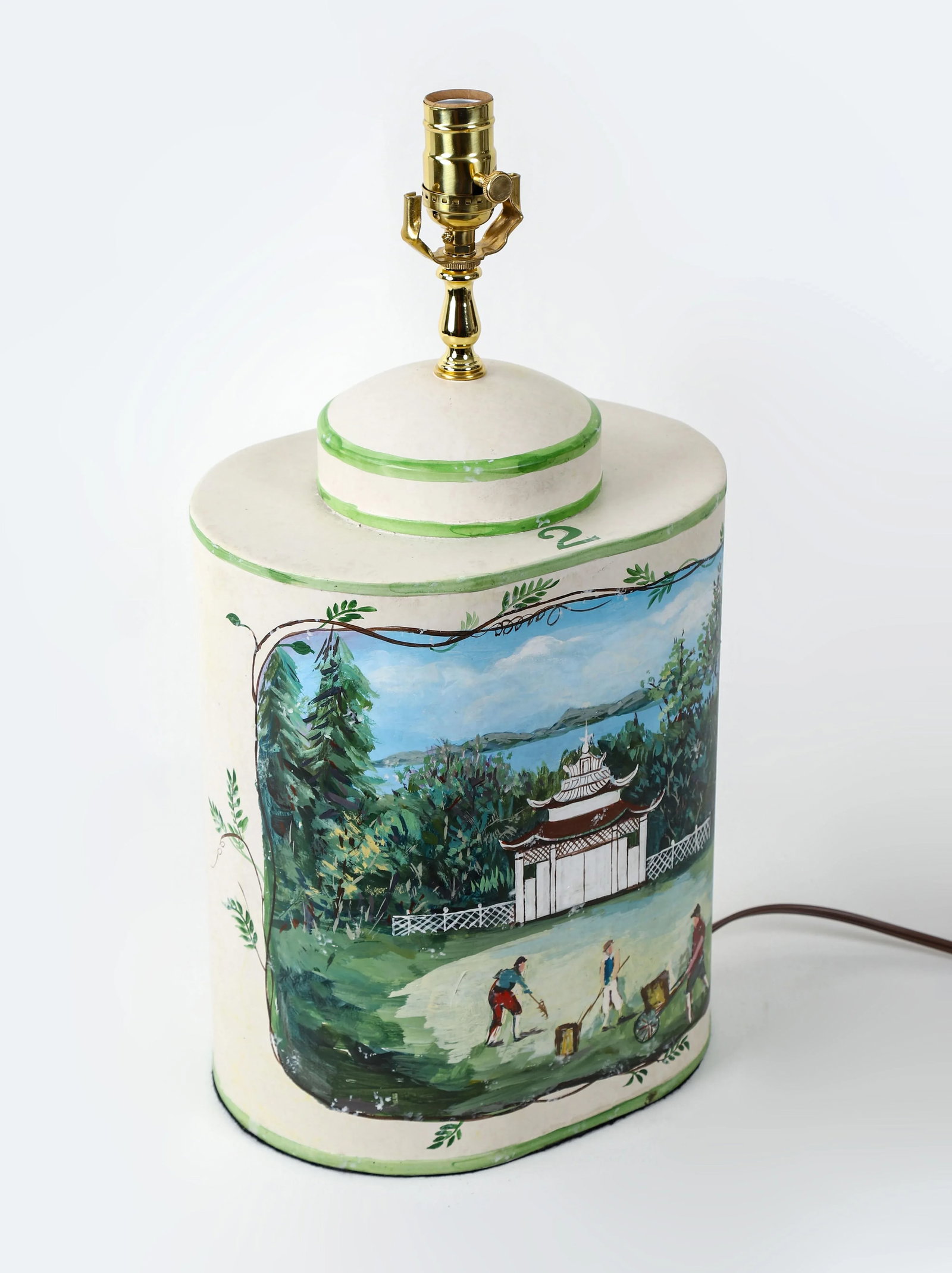 Vintage English Exported Tea Caddy Hand-Painted Rural Landscape With Pagoda Table Lamp - 6