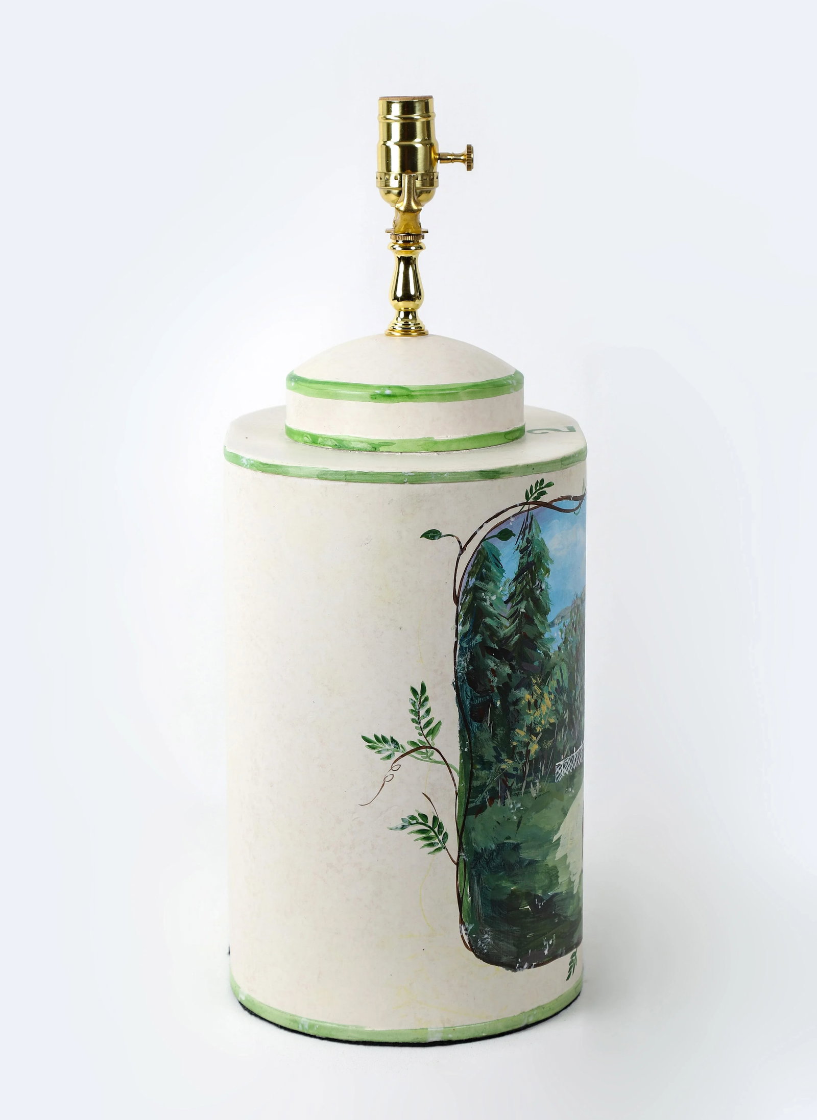Vintage English Exported Tea Caddy Hand-Painted Rural Landscape With Pagoda Table Lamp - 7