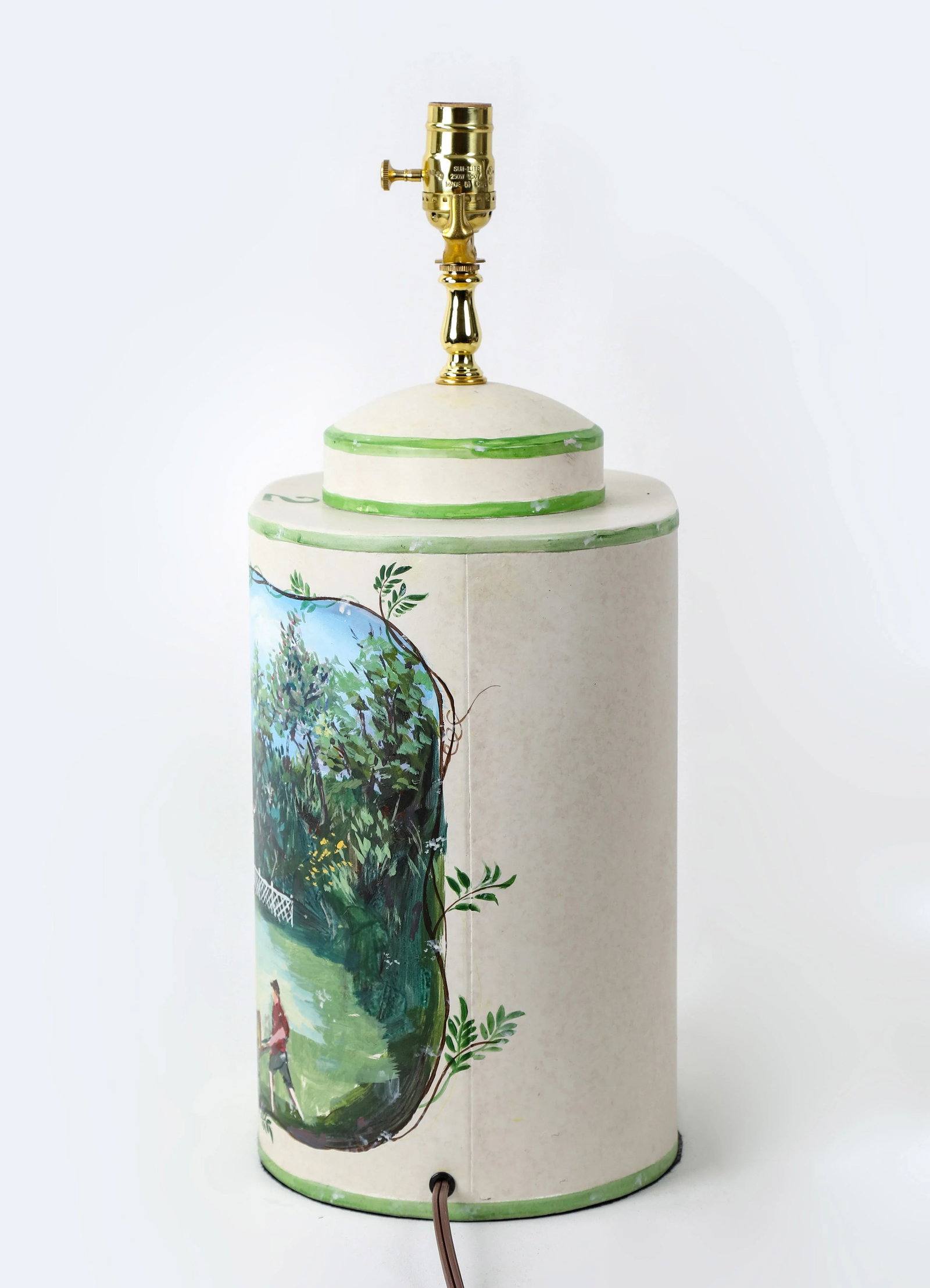 Vintage English Exported Tea Caddy Hand-Painted Rural Landscape With Pagoda Table Lamp - 8