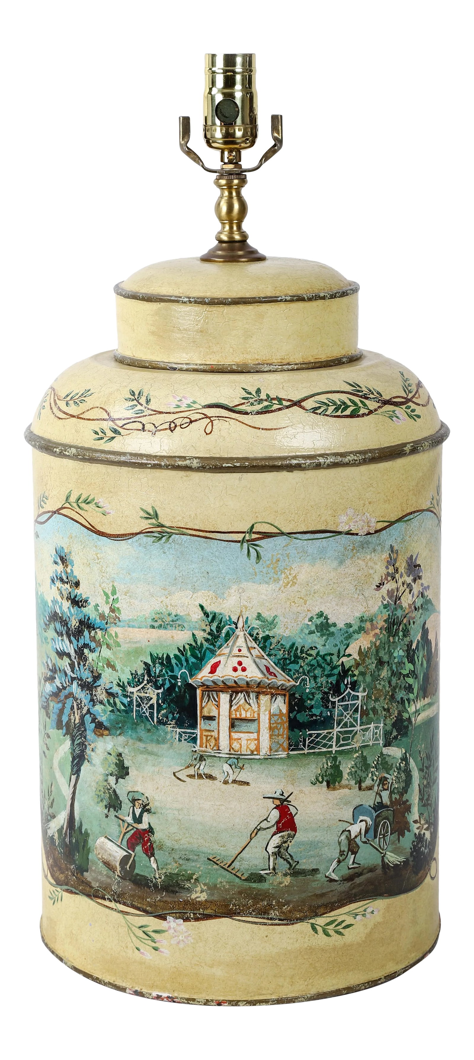 Vintage English Hand-Painted Rural Garden Landscape With Pagoda Table Lamp: Vintage exported English Hand-Painted Rural garden Landscape with Pagoda and 3 gardeners Table Lamp. Condition: Imperfections: Some Imperfections Condition Notes: In good condition with some minor imp