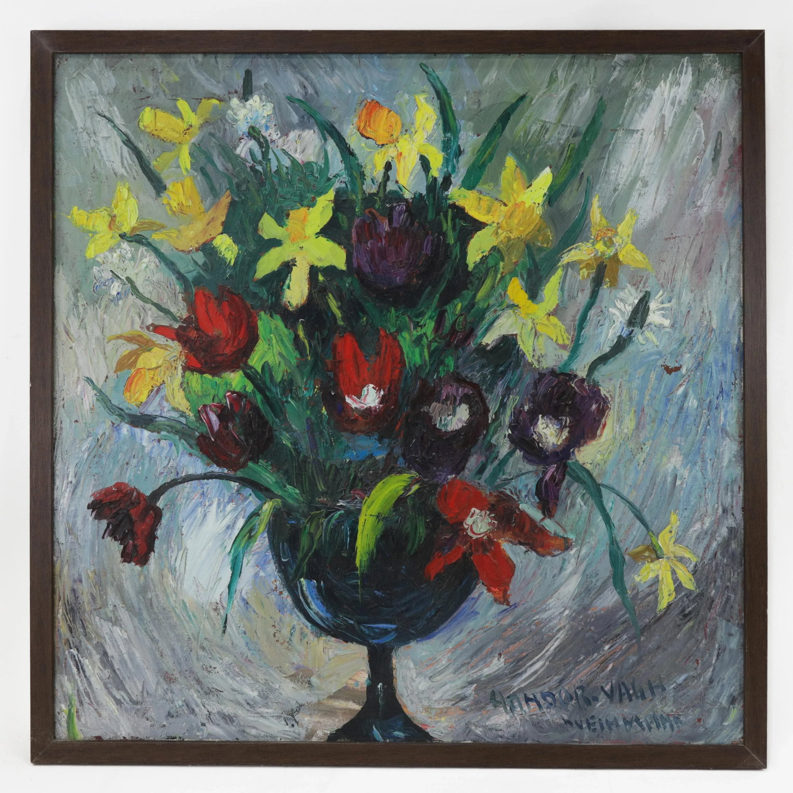 Framed Still Life Oil Painting of Colorful Flowers in Vase Signed by Nandor Vagh-Weinmann - 10