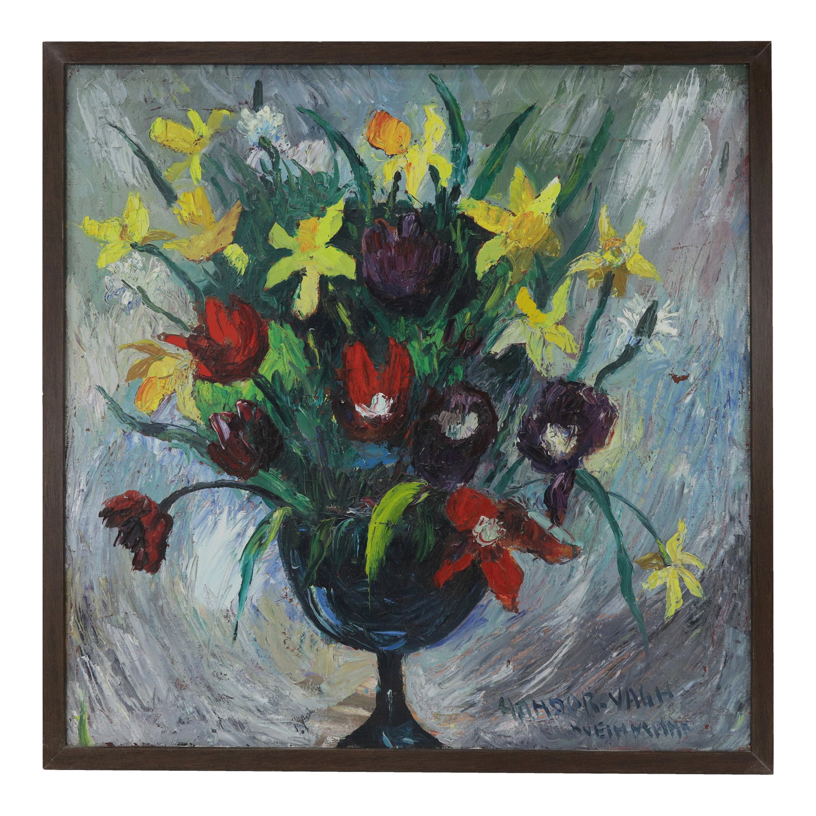 Framed Still Life Oil Painting of Colorful Flowers in Vase Signed by Nandor Vagh-Weinmann: A vivid vintage still life oil painting featuring an expressive bouquet of spring flowers in bold strokes and rich colors, including daffodils, tulips, and anemones arranged in a dark glass vase. The 