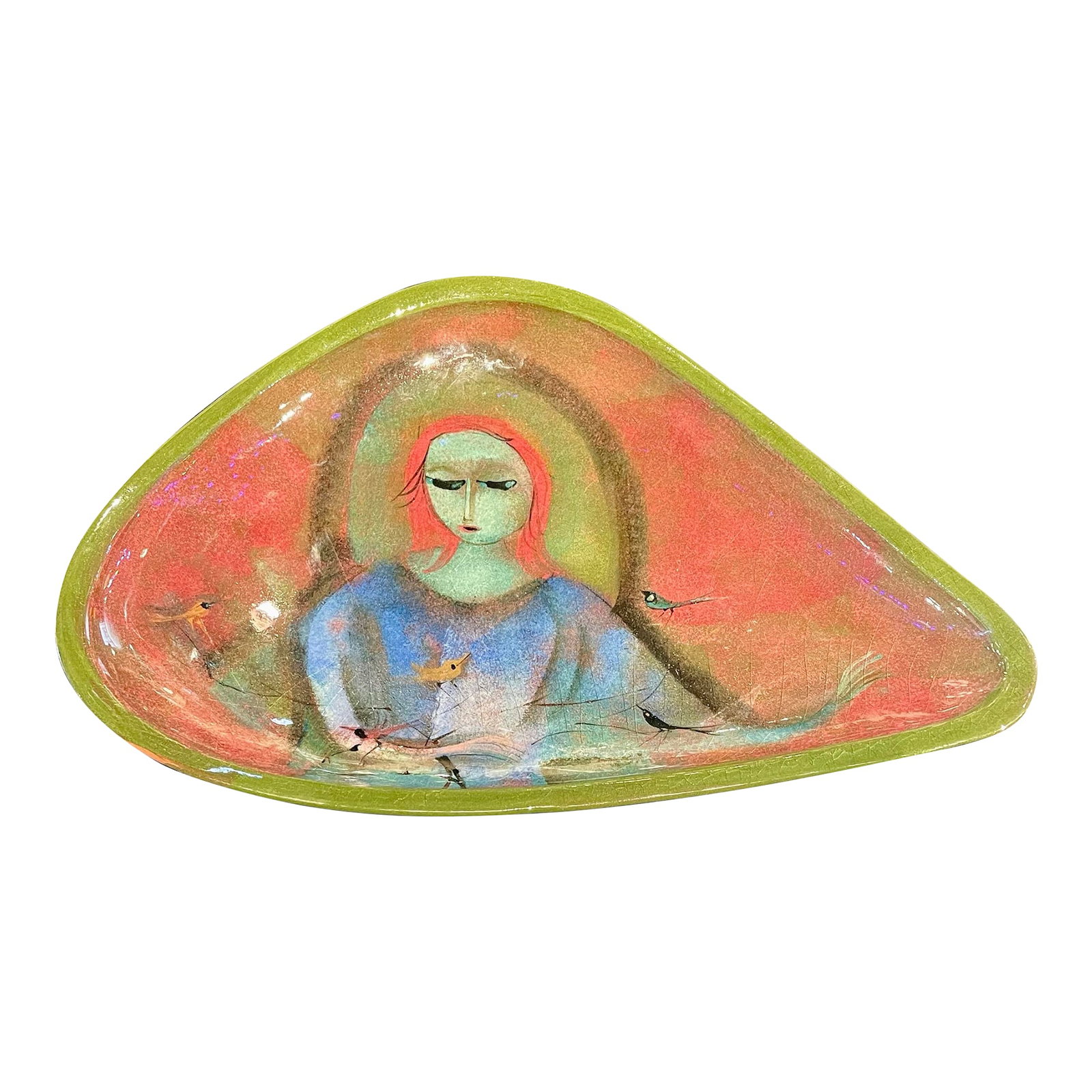 1960s Ceramic Dish Tray by Polia Pillin: Glazed ceramic tray by Polia Pillin 1909-1992 Figurative with birds in rich colors Circa 1960 Signed on back Condition: Alterations: Original Condition Unaltered Imperfections: Some Imperfections Cond