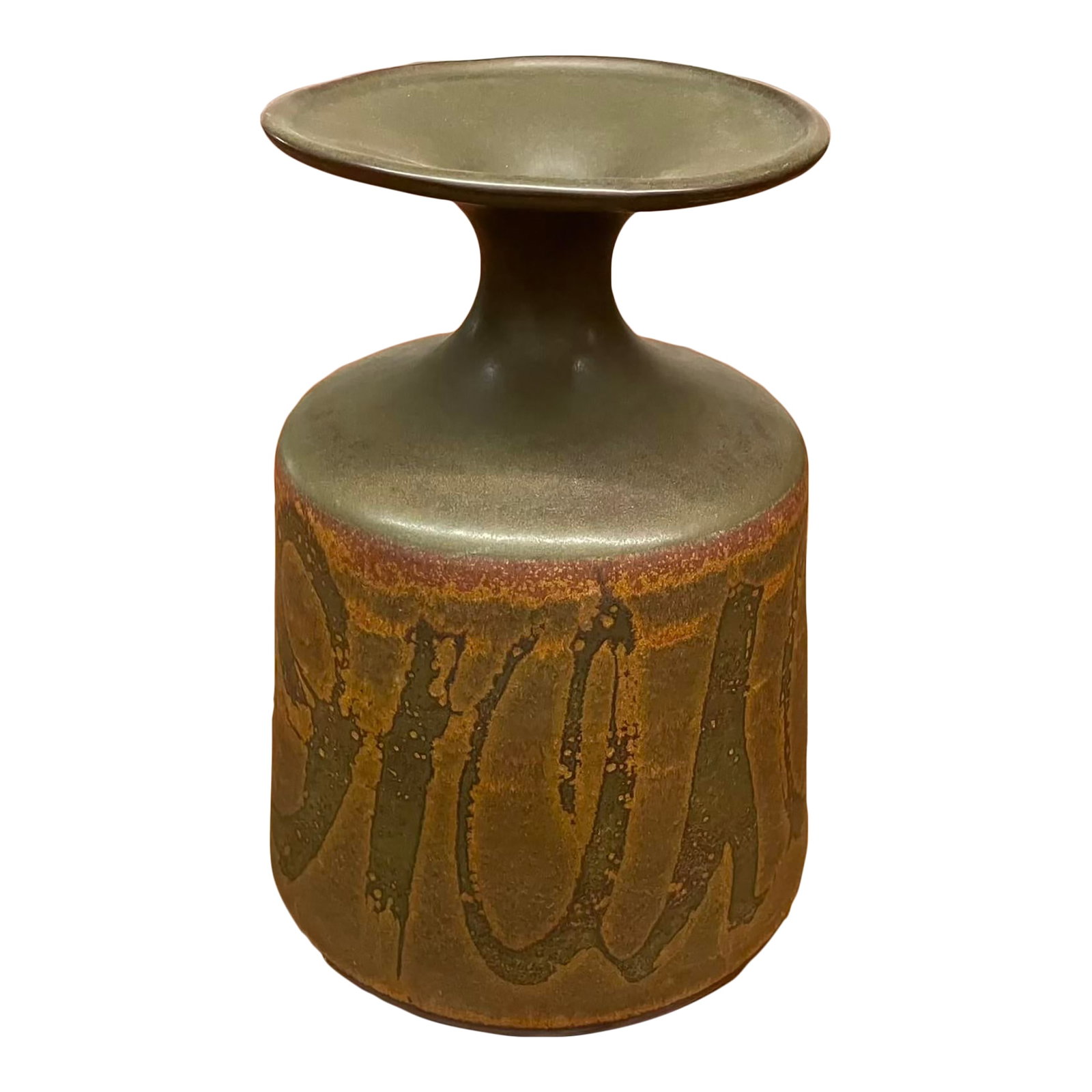 Mid-Century Stoneware Vase by Robert Maxwell for Designs West, California: A bold and sculptural piece of California modern pottery, this handcrafted stoneware vase was designed by Robert Maxwell for Designs West in the late 1960s to early 1970s. Known for his expressive for