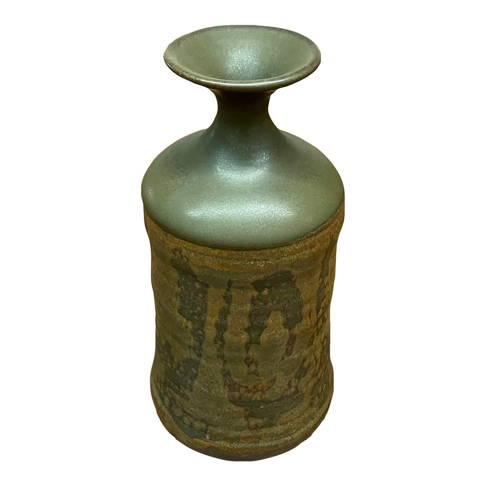 Mid-Century Studio Pottery Vase by Robert Maxwell for Designs West: A sculptural mid-century studio pottery vase designed by Robert Maxwell for Designs West of California. Made from high-fired stoneware, this wheel-thrown piece features a flared lip and richly texture