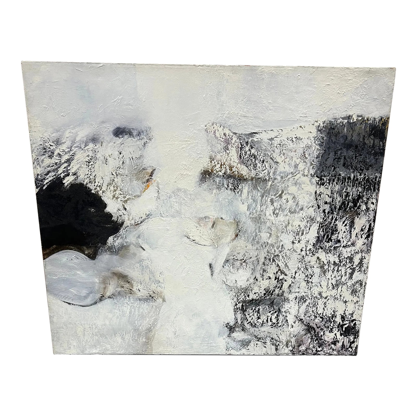 Monumental Abstract Painting With Heavy Impasto by Thomas George: Monumental black, white and grey abstract canvas by Thomas George (1918-2014) an internationally recognized artist whose work is included in the permanent collections of the Museum of Modern Art, the 