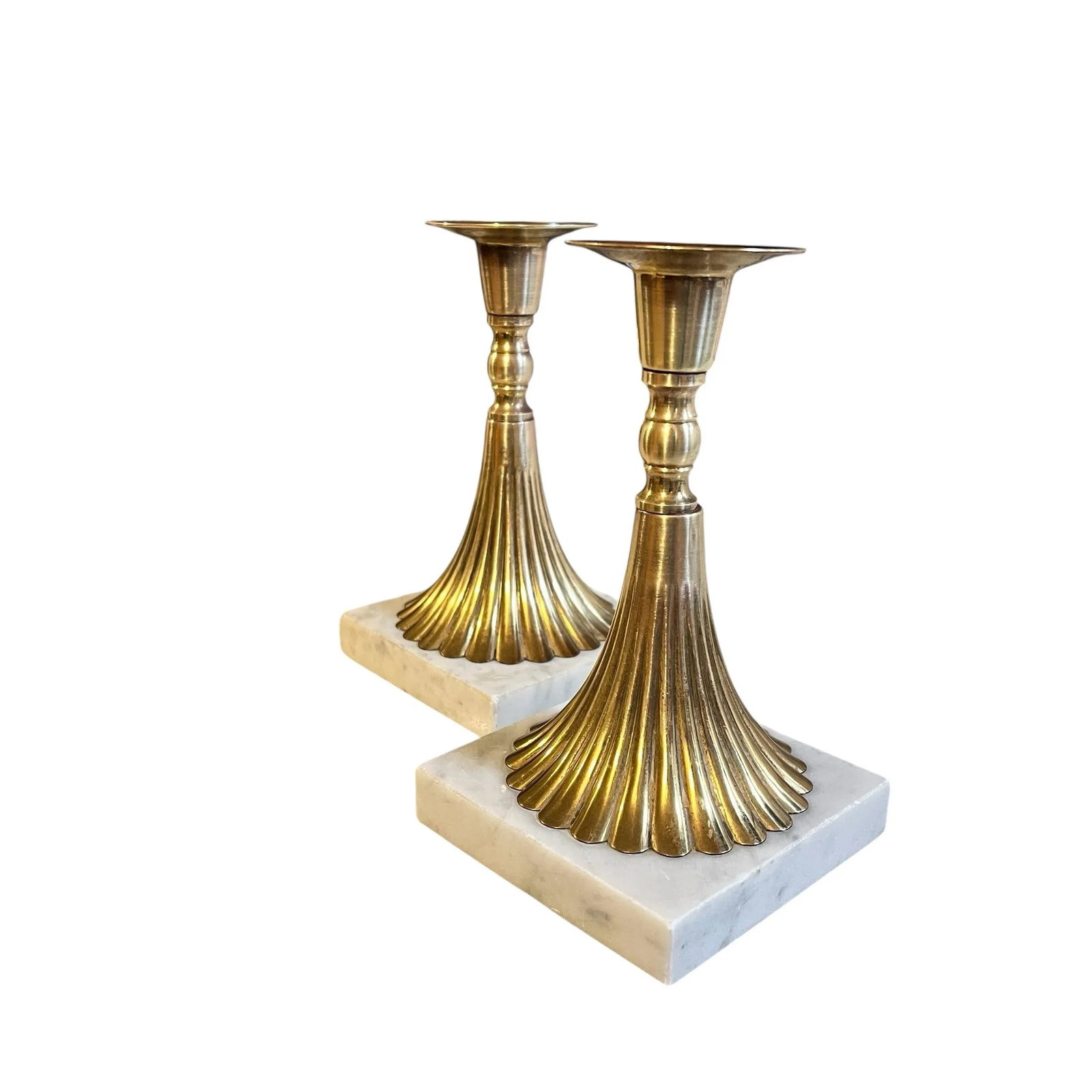 Mid Century Brass and Marble Torchiere Candleholders - A Pair - 2
