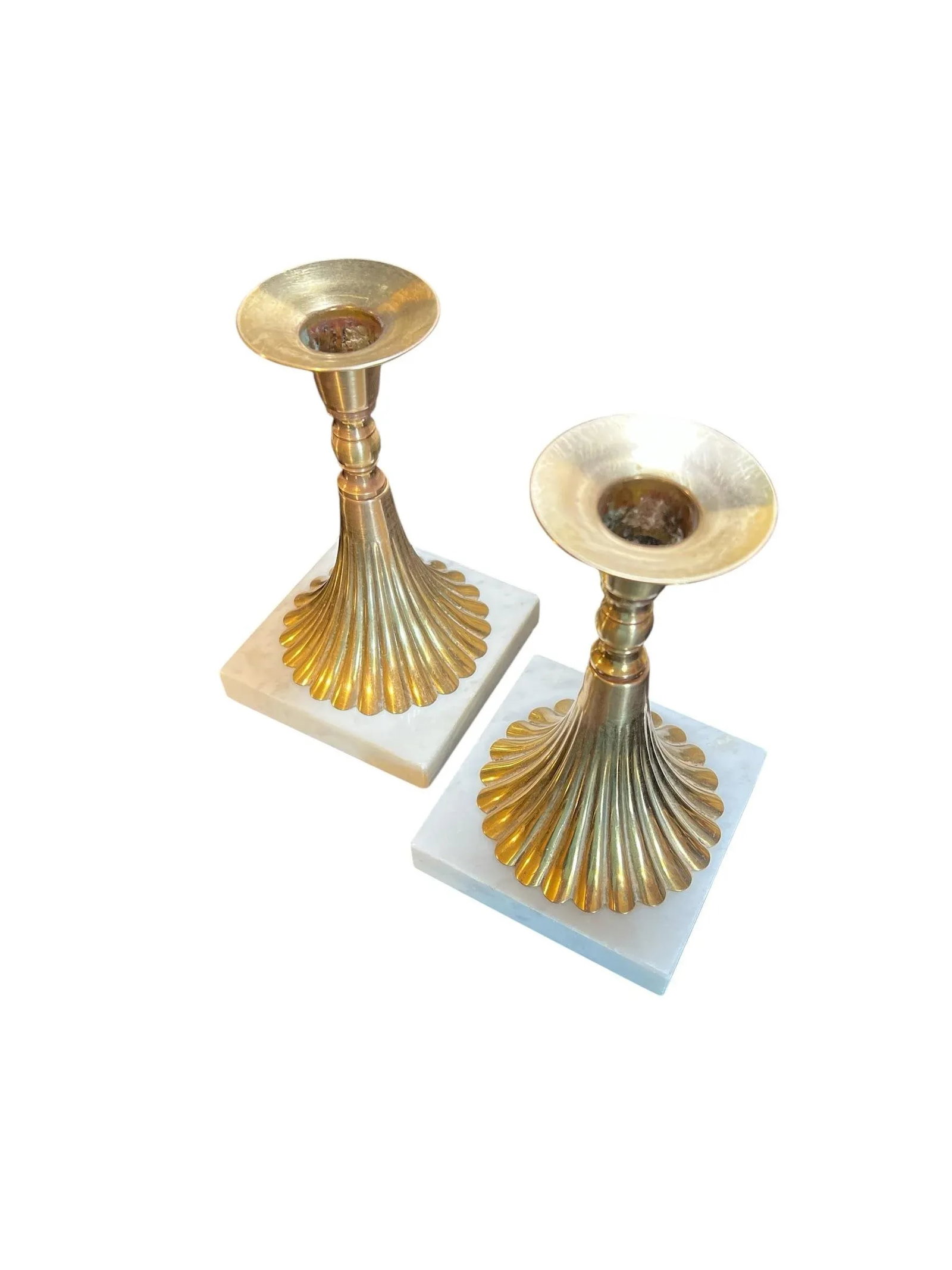Mid Century Brass and Marble Torchiere Candleholders - A Pair - 3