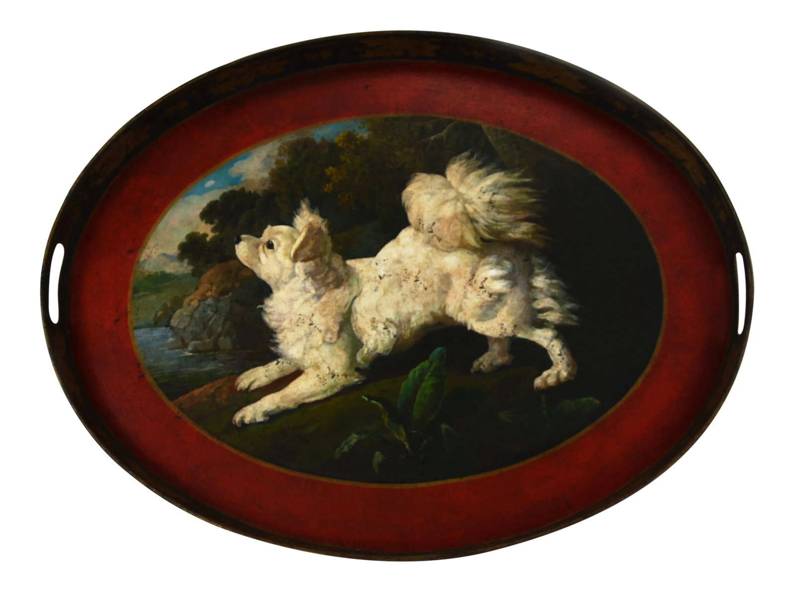 Vintage Oval Hand-Painted Dog Decoration Tray: This is an old-fashioned oval decorative tray. A white dog is painted on the plate. Dogs are loyal friends of mankind. The most important thing is that they have a heart close to mankind. This tray is