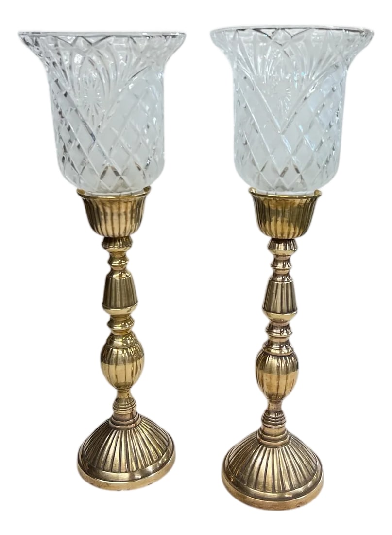 Vintage Fluted Brass Candleholder With Frosted Cut to Clear Pressed Design Hurricane Globe - A Pair: Vintage fluted pattern brass candleholders with pressed cut design in frosted cut to clear pattern globes. Candleholder measures 4" diameter x 12.5" h, globe measures 5.5" diameter x 5.5" h, overall h