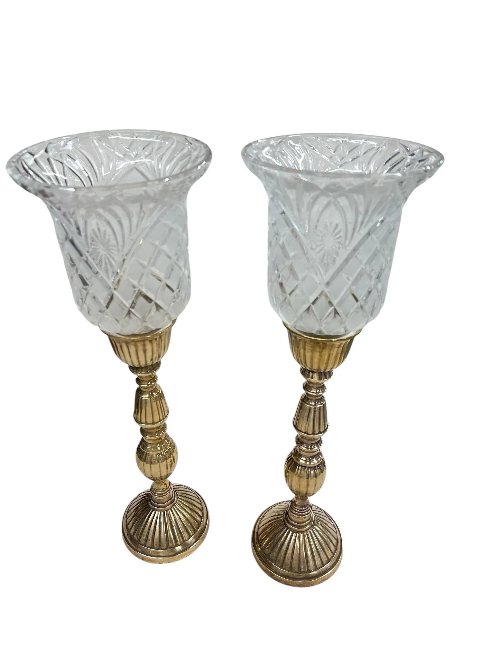 Vintage Fluted Brass Candleholder With Frosted Cut to Clear Pressed Design Hurricane Globe - A Pair - 2