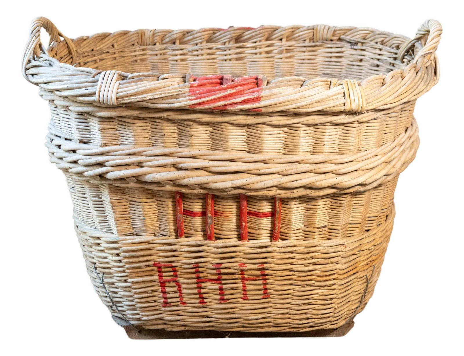 French Champagne Harvesting Basket, c. 1940s: A rare and beautifully preserved French Champagne harvesting basket dating to the 1940s, hailing from the legendary vineyards of the Champagne region. This hand-woven willow basket was once a vital to