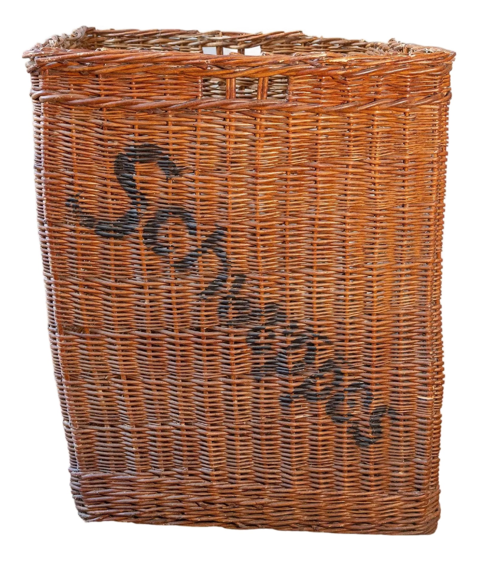 Early 20th Century English Wicker Advertising Basket – Schweppes: A rare and sculptural early 20th-century English wicker advertising basket, originally used for transporting or displaying goods from the iconic beverage company Schweppes. Crafted from handwoven will