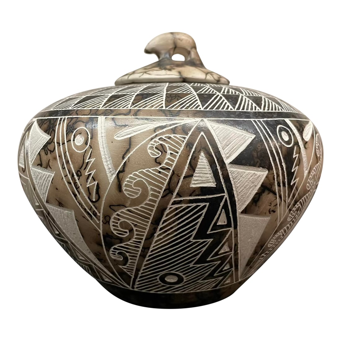 Native American Geometric Sgraffito Horsehair Pottery Lidded Jar - Acoma Pueblo: This striking lidded jar is a signed work by Acoma Pueblo potter Corrine Louw, dated 2007. Hand-coiled and traditionally fired, the vessel showcases the distinctive horsehair pottery technique, where 