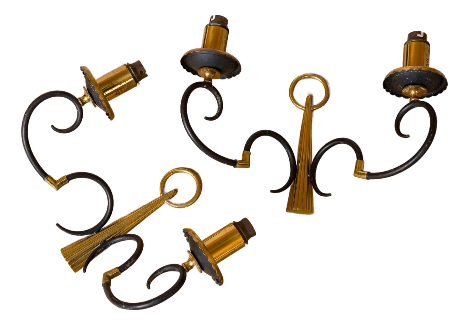 Pair of Neoclassical Style Black & Gilt Metal Sconces by Arlus, French 1960s: A pair of neoclassical-style wall lights made in the 1960s by Maison Arlus, a French lighting manufacturer. Two light arms in the shape of double inverted hooks joined by a gilded metal piece. They ex