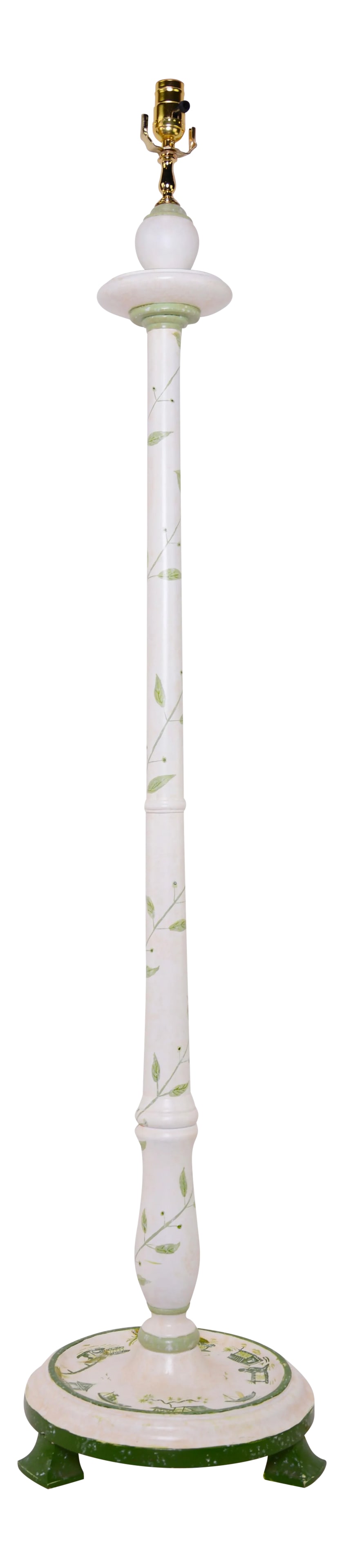 Vintage White Column Wood Hand-Painted Green Chinoiseries Floor Lamp: Vintage White column wood hand-painted green chinoiseries pattern floor lamp. Base diameterï¼š12" Height :60" Condition: Imperfections: Some Imperfections Condition Notes: Good